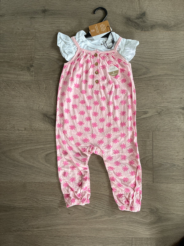Pink flower dungarees and vest set (12-18mths)