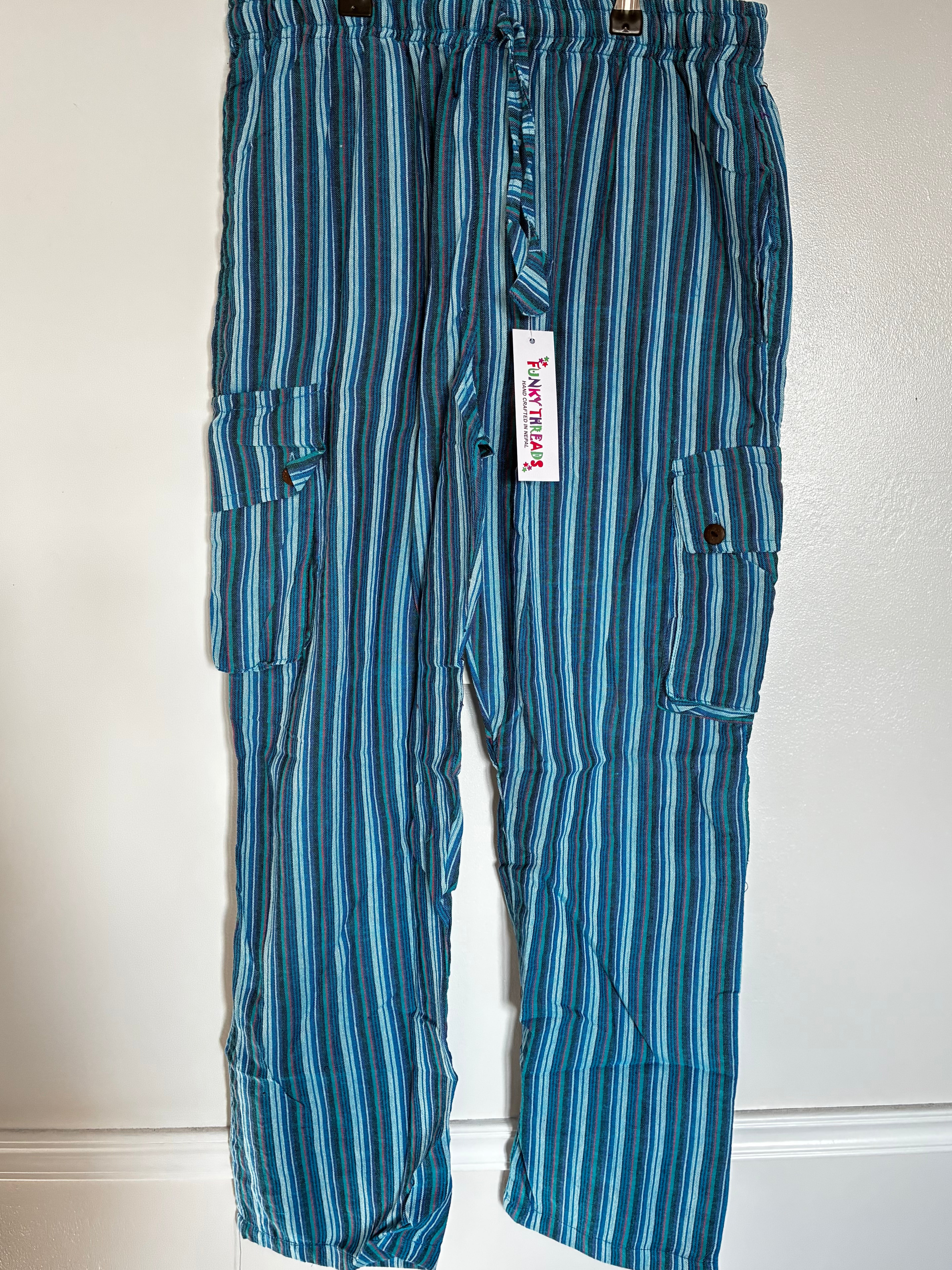 Blue Striped Cotton Cargo Trousers, S/M