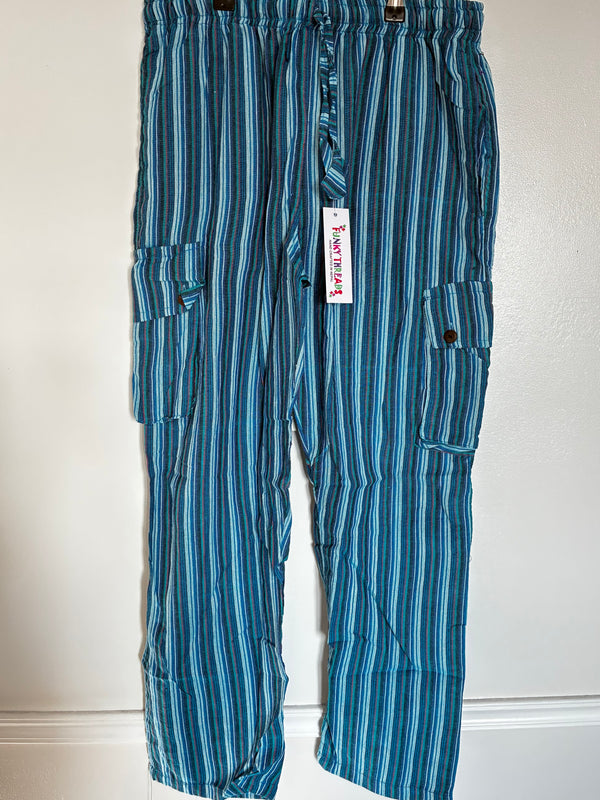 Blue Striped Cotton Cargo Trousers, S/M