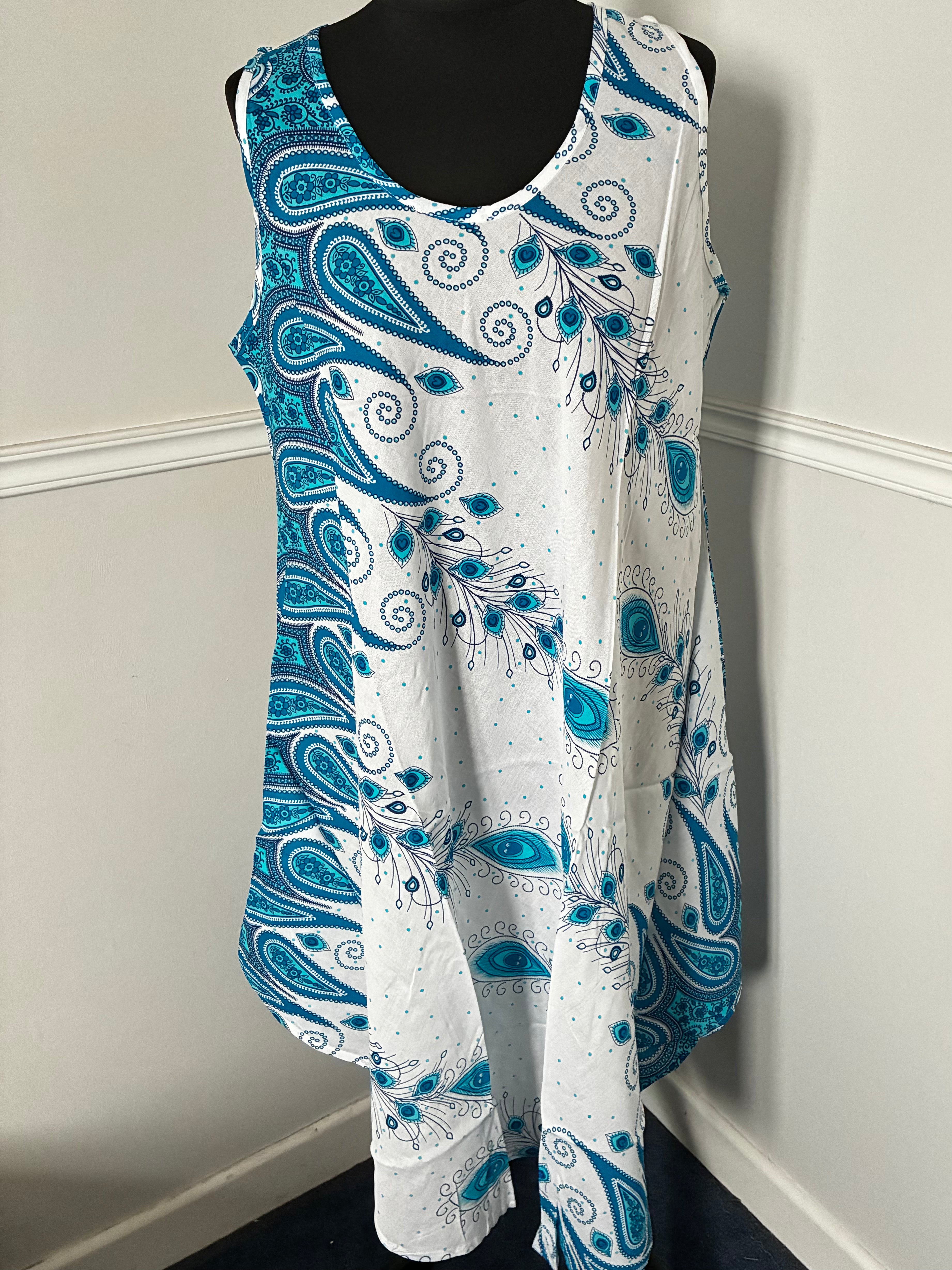 White/Turquoise Peacock Feather Sundress