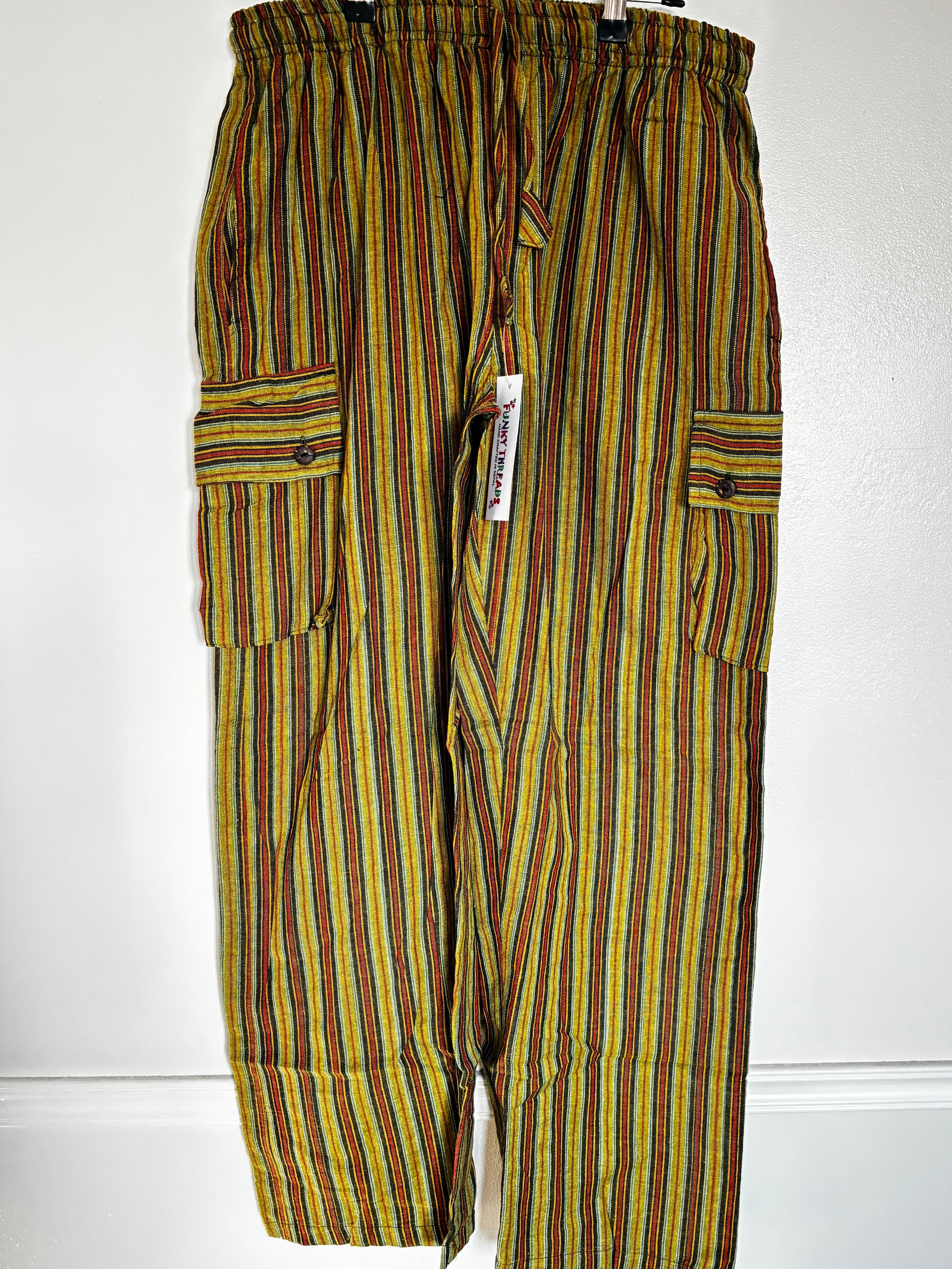 Red/Green Striped Cotton Cargo Trousers, XL