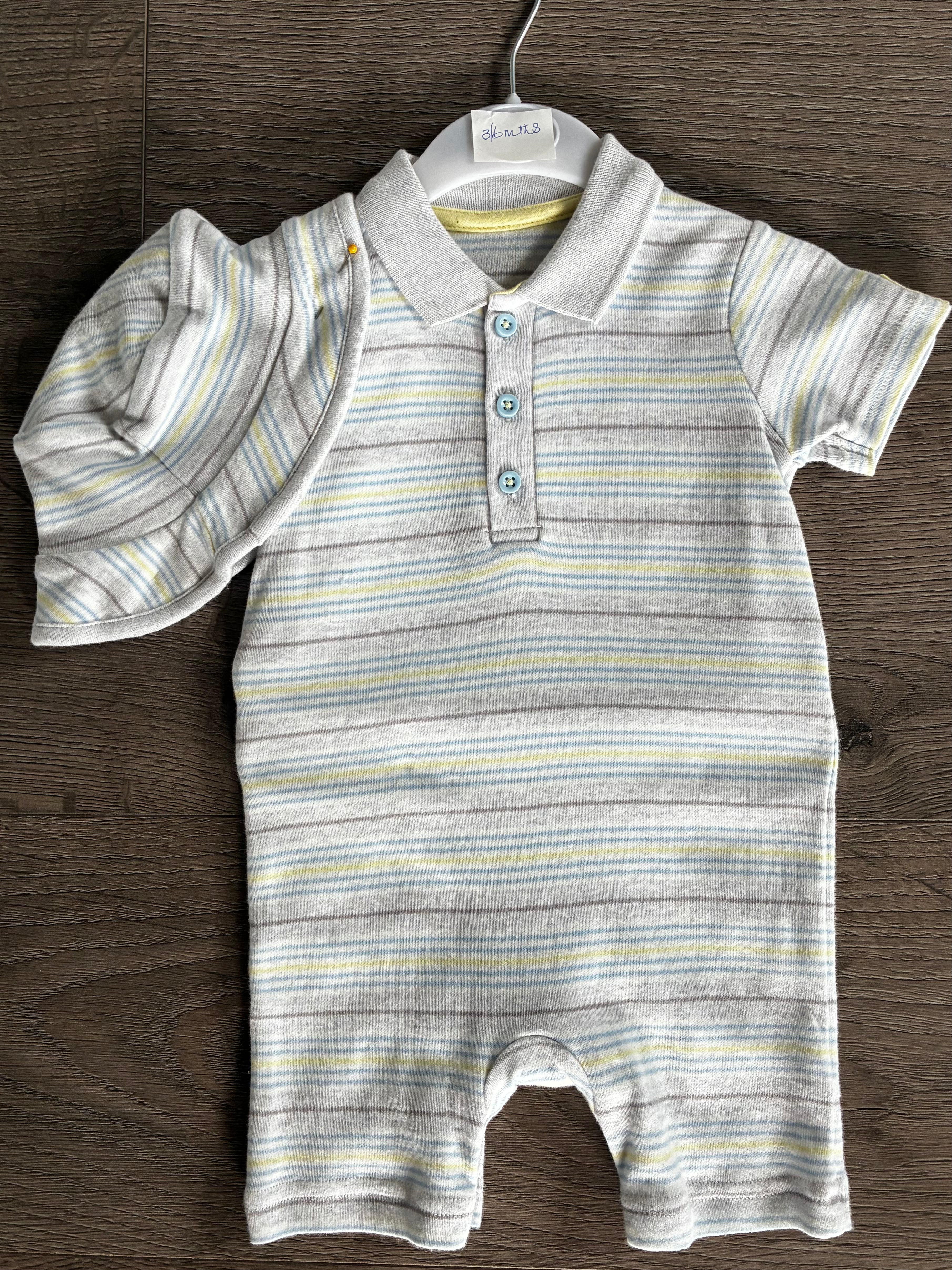 Shortie striped romper with hat (3-6mths)