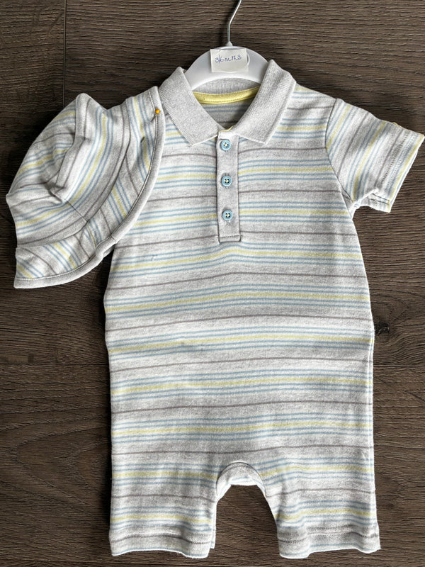 Shortie striped romper with hat (3-6mths)