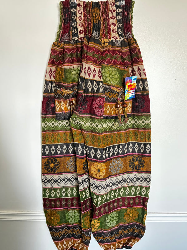 Fluffy Mustard/Green Flower Cashmelon Trousers, 22"-46" Waist