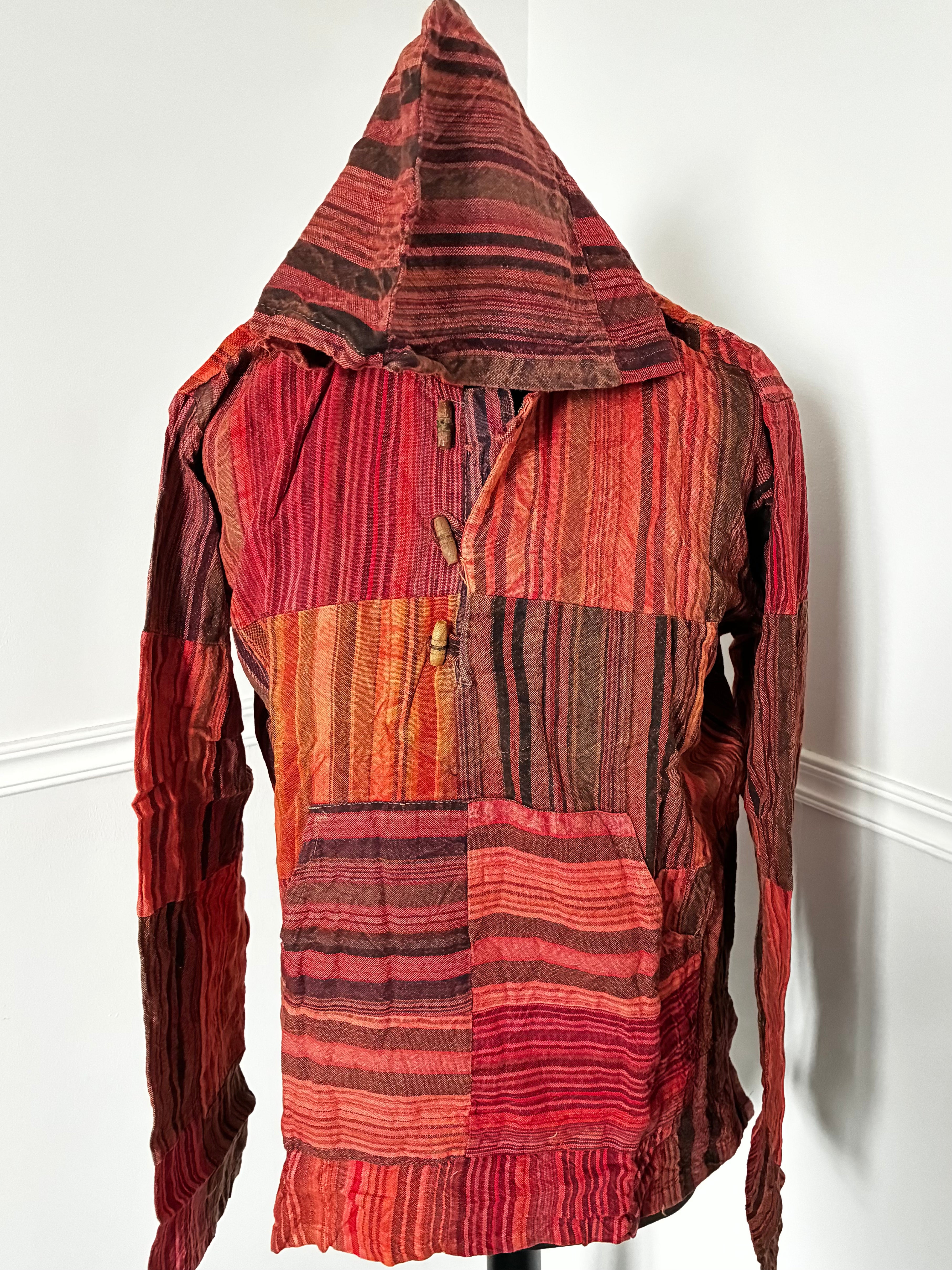 Patchwork Seersucker Hooded Shirt, M