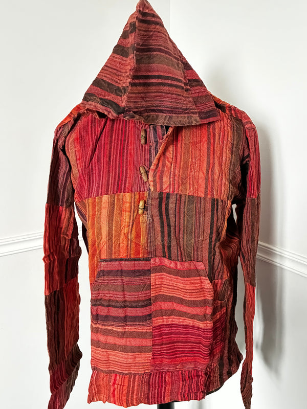 Patchwork Seersucker Hooded Shirt, M