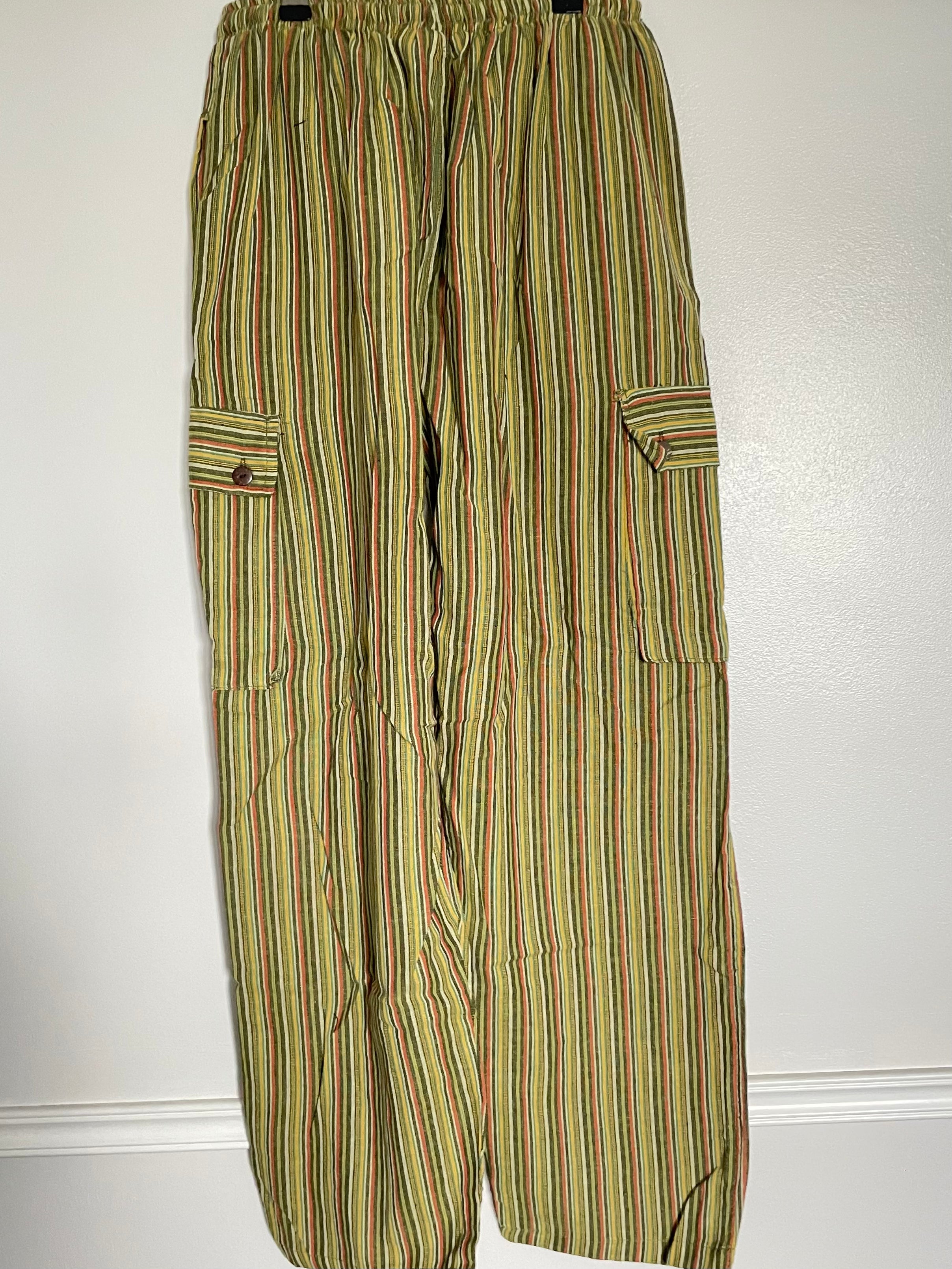 Green/Yellow Striped Cotton Cargo Trousers, S/M