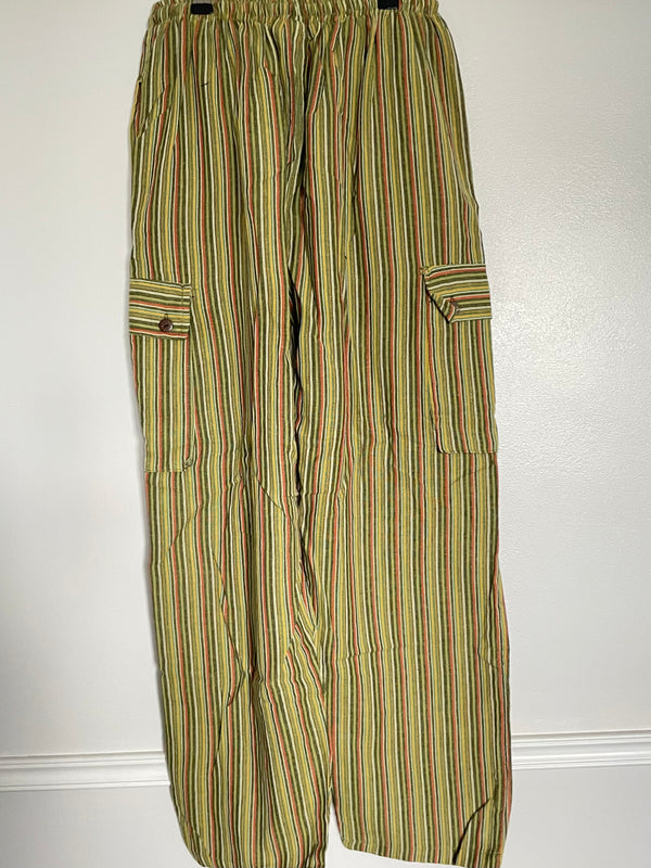Green/Yellow Striped Cotton Cargo Trousers, XL