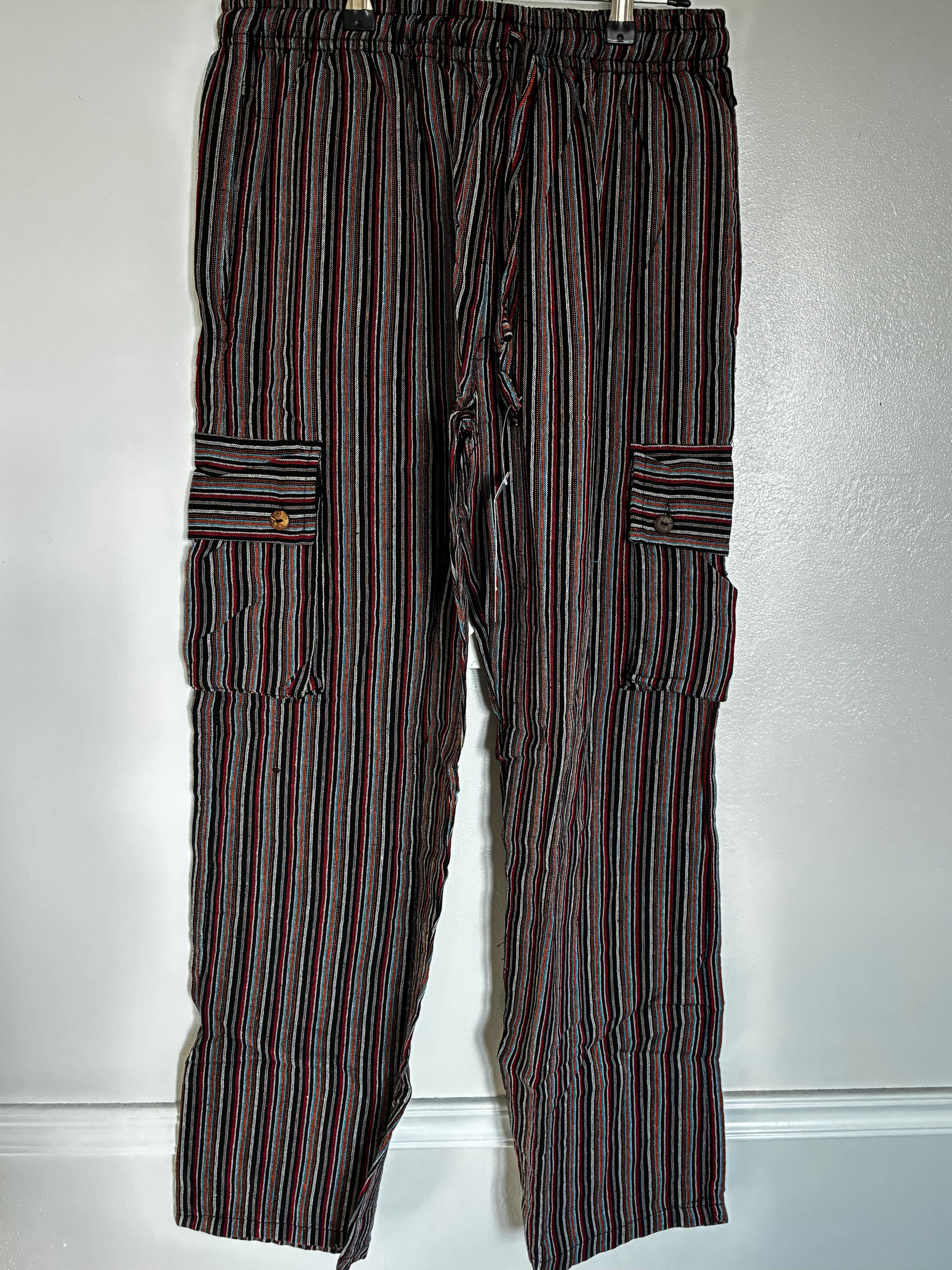 Red/black/orange Striped Cotton Cargo Trousers, XL
