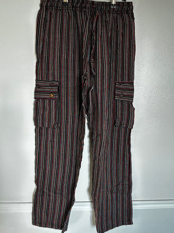 Red/black/orange Striped Cotton Cargo Trousers, XL