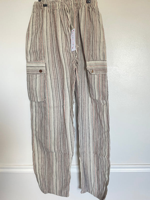 Beige Striped Cotton Cargo Trousers, L