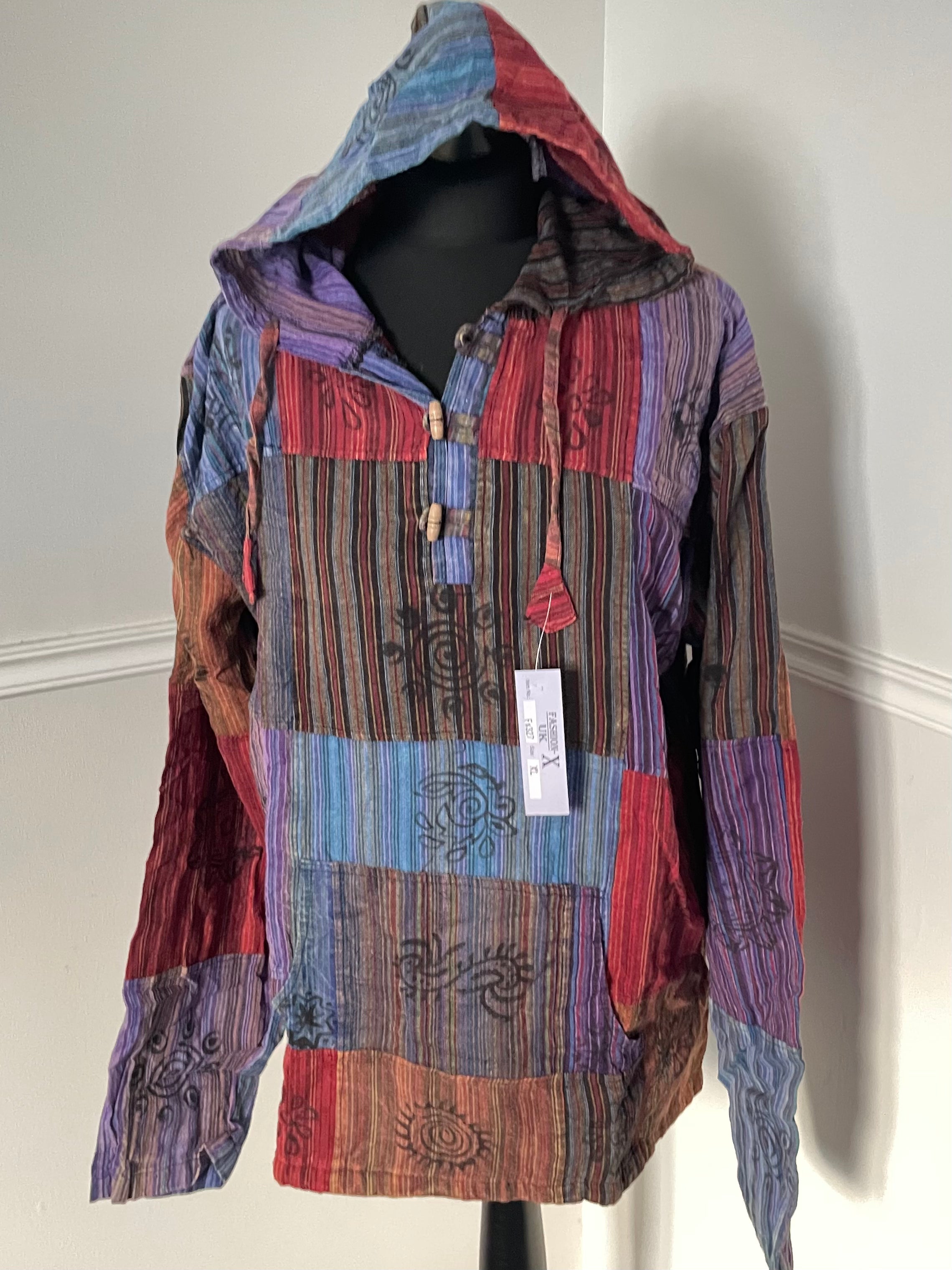 Patchwork Hooded Cotton Shirt, XL