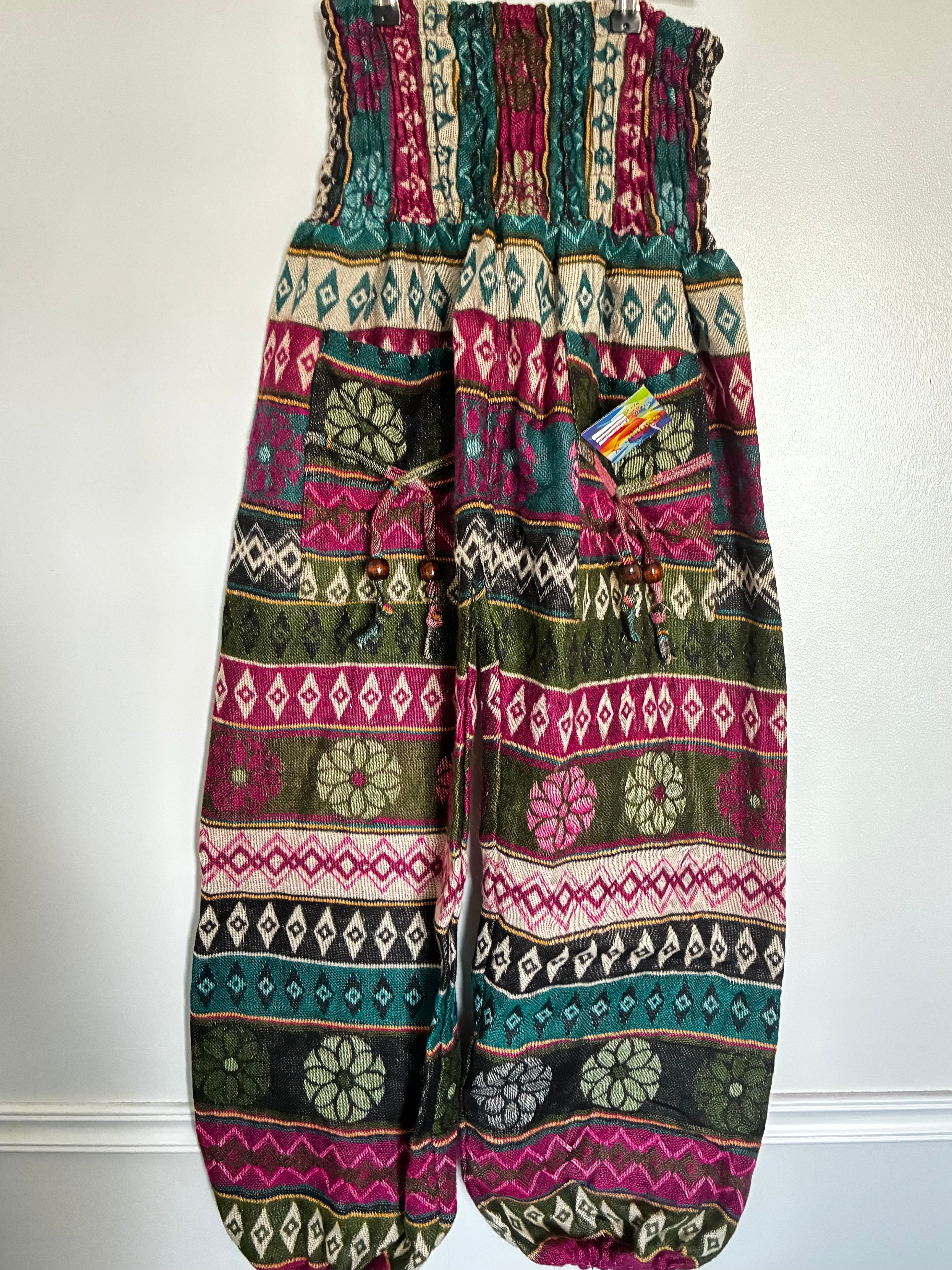 Fluffy Pink/Turquoise Flower Cashmelon Trousers, 22"-47" Waist