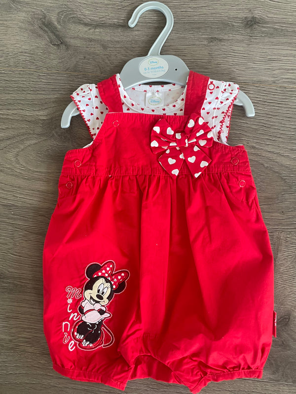 Minnie Mouse Short Dungarees with Red Heart Vest (tiny baby)