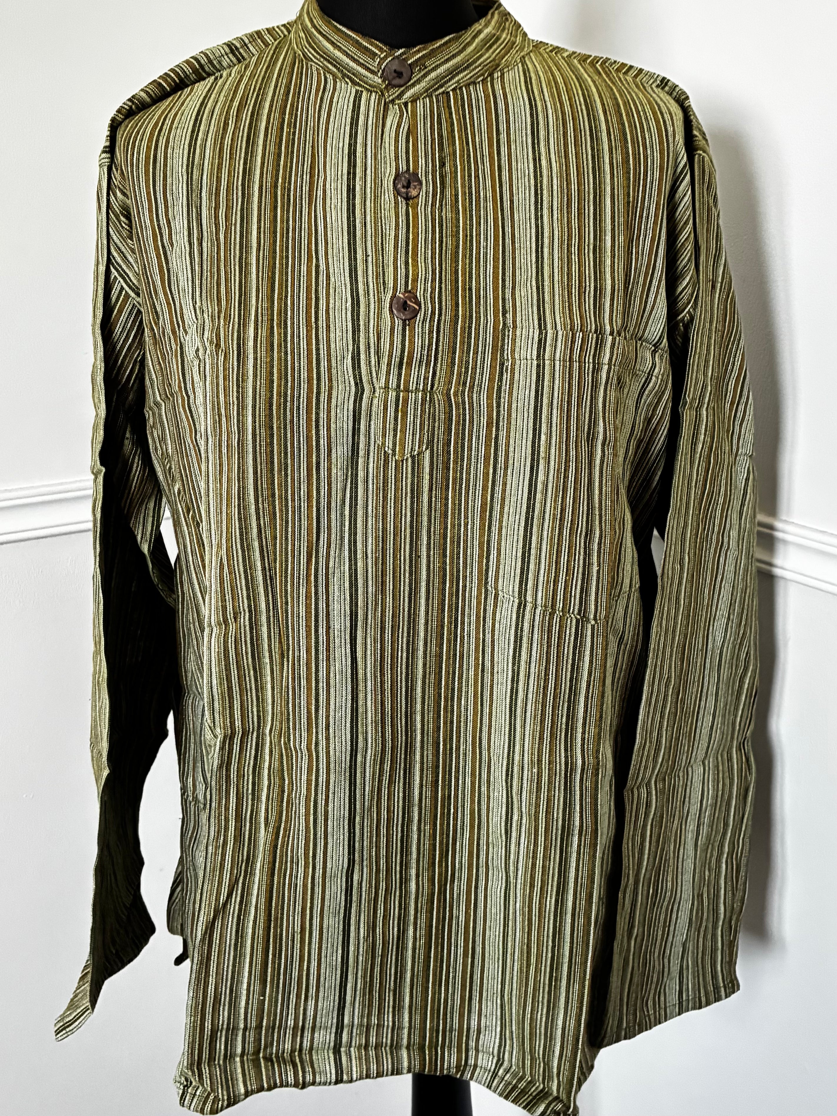 Green Striped Cotton Shirt, S/M