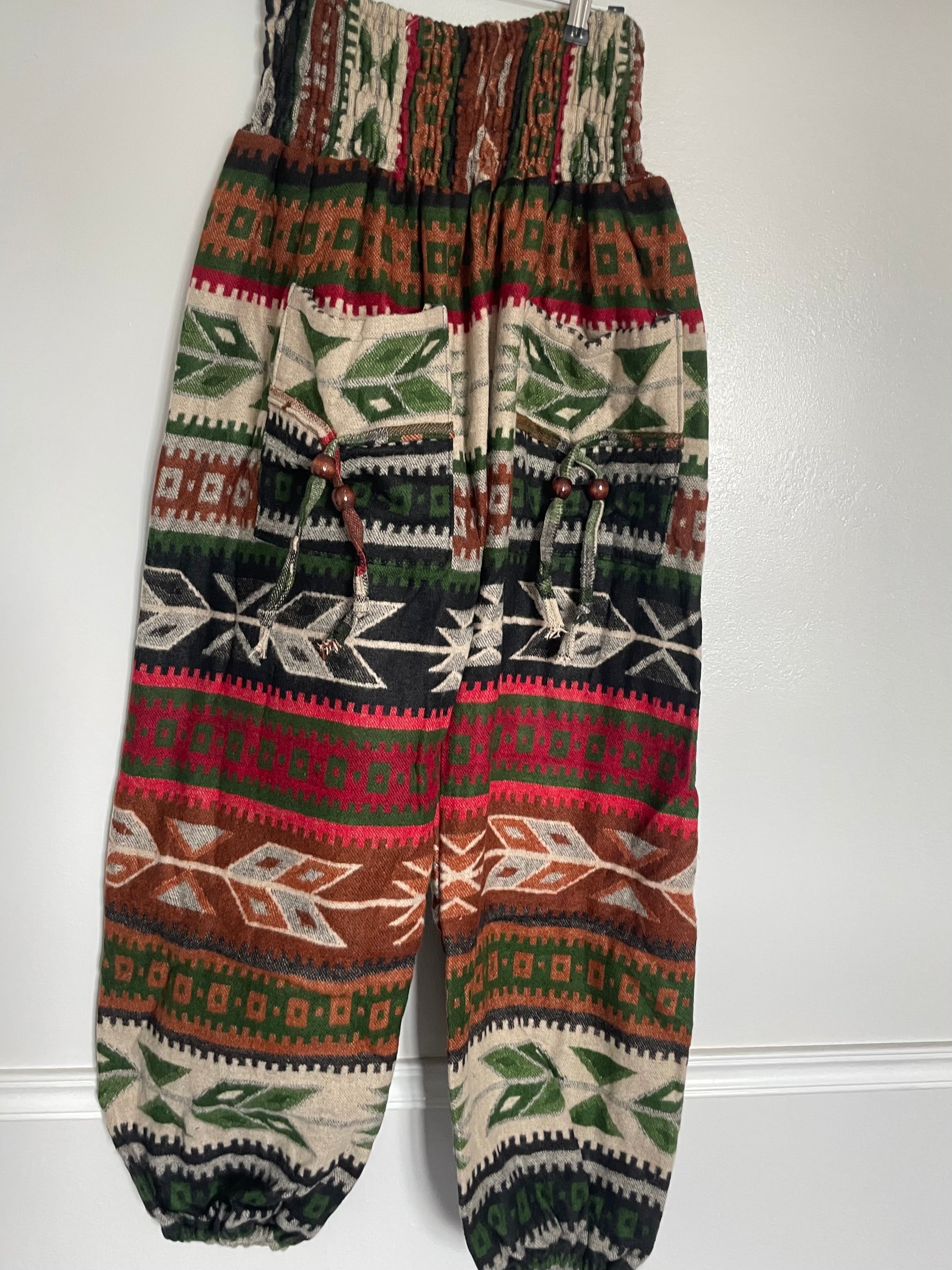 Snuggly Red/Green/Brown Aztec Cashmelon Trousers, 22-44” Waist