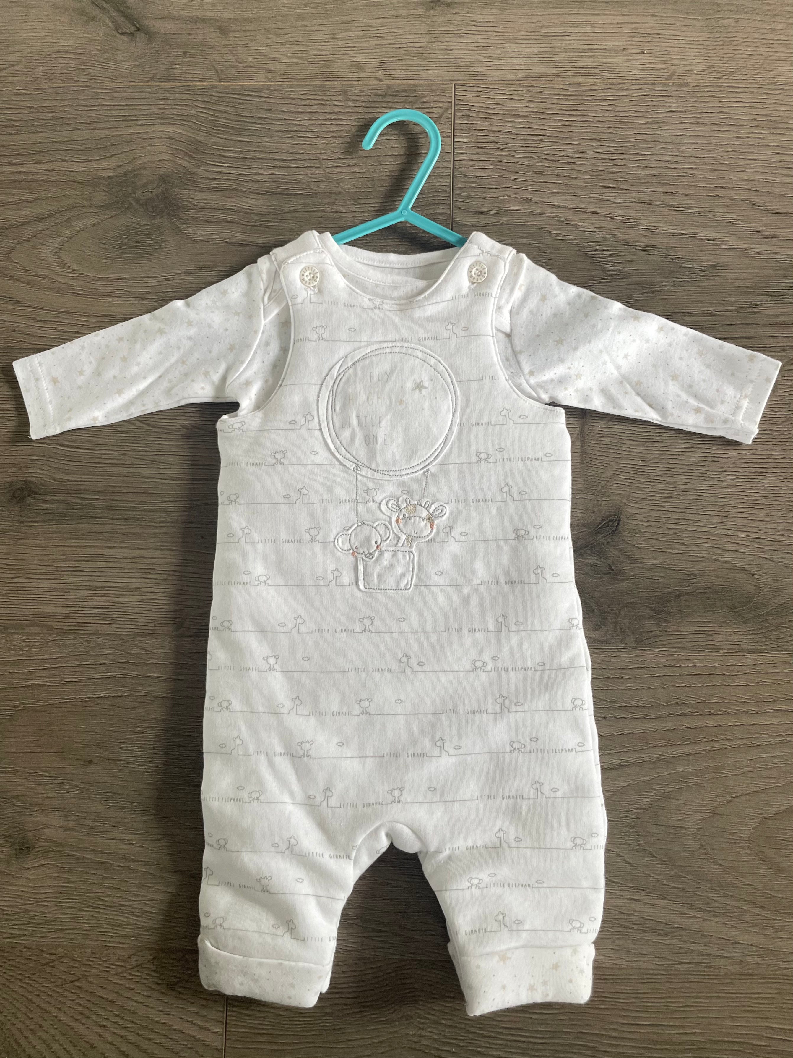 White padded dungarees and long sleeved top (0-3 months)