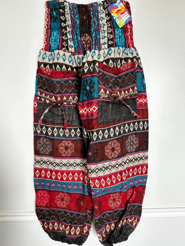 Fluffy Red/blue/brown Flower Cashmelon Trousers, 26-50" Waist