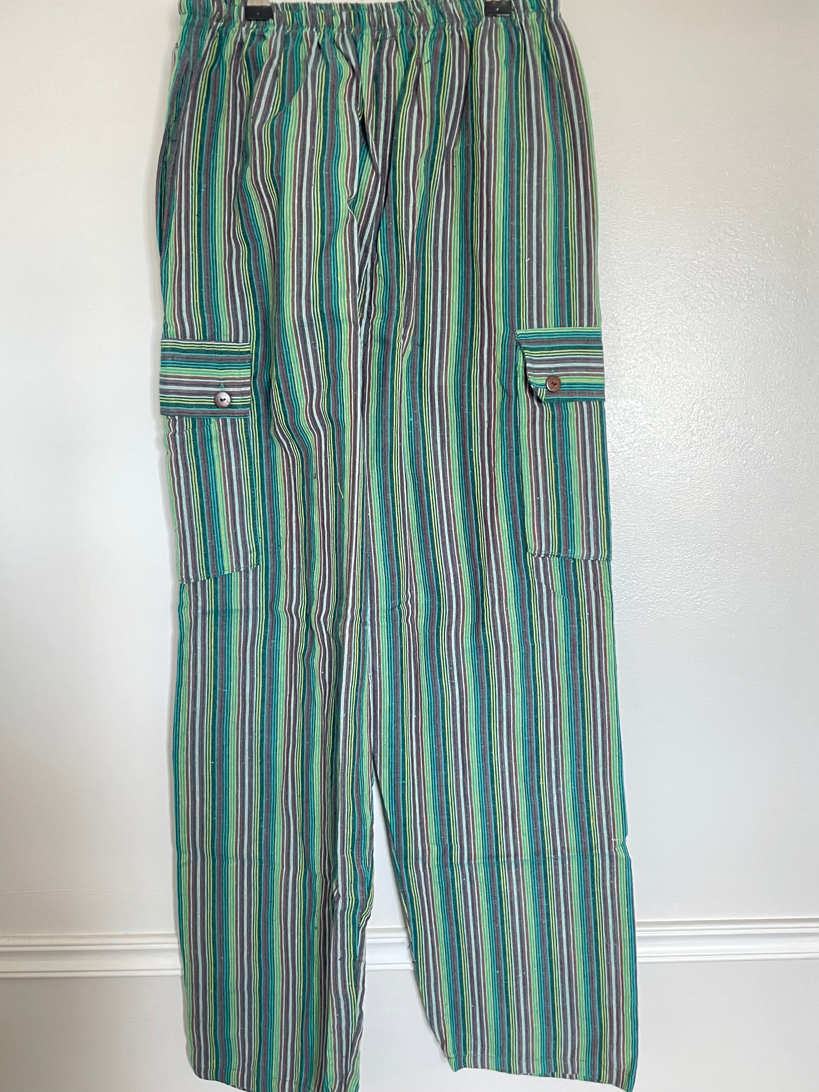 Green/Brown Striped Cotton Cargo Trousers, XL