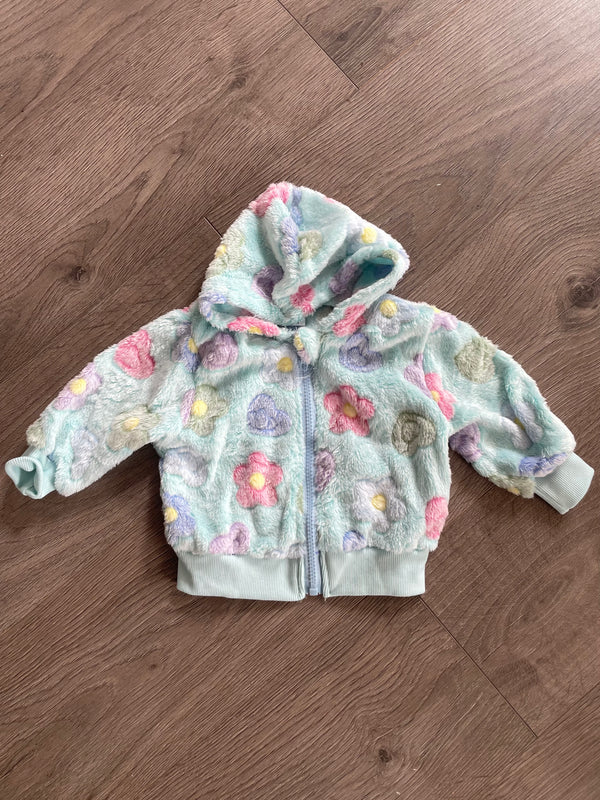 Fluffy Turquoise Flower Fleece Hooded Jacket (6-9mths)