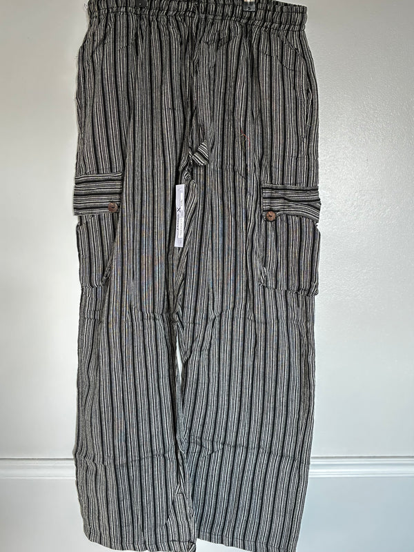 Grey/black Striped Cotton Cargo Trousers, XXL