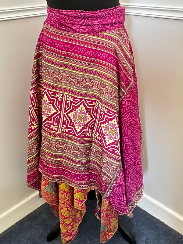 Recycled Saree Reversible Wrap Skirt with Pixie Hem