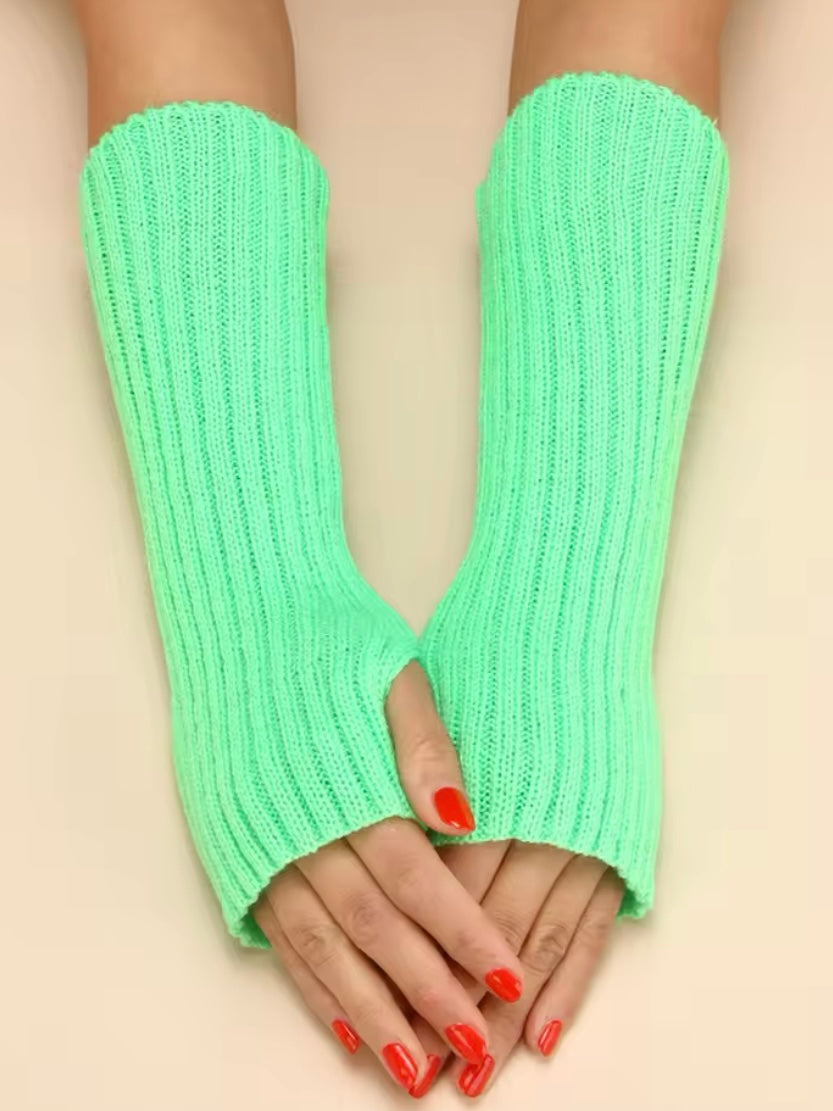 Green Long Sleeve Knit Fingerless Gloves