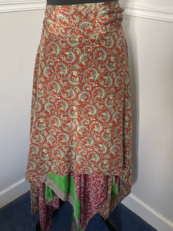 Recycled Saree Reversible Wrap Skirt with Pixie Hem