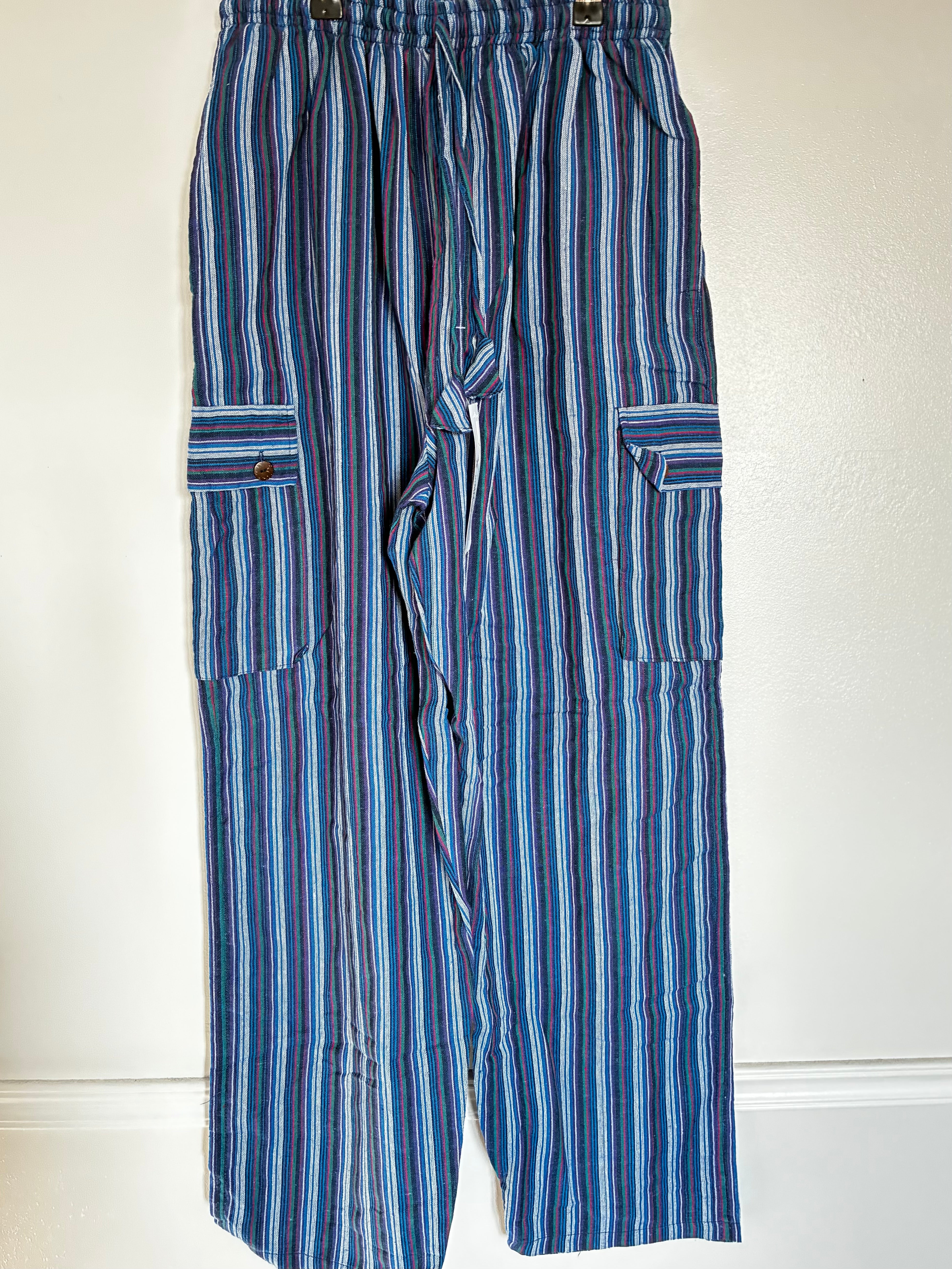 Blue/Purple Striped Cotton Cargo Trousers, XL