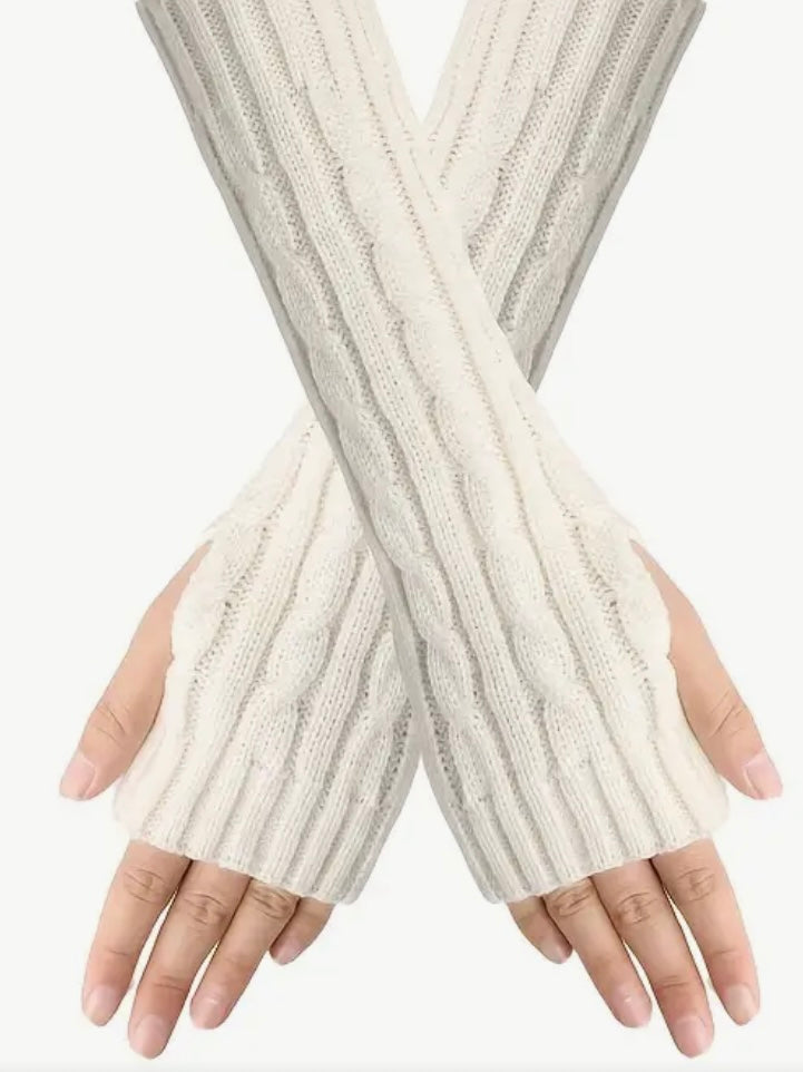 White Long Sleeve Knit Fingerless Gloves