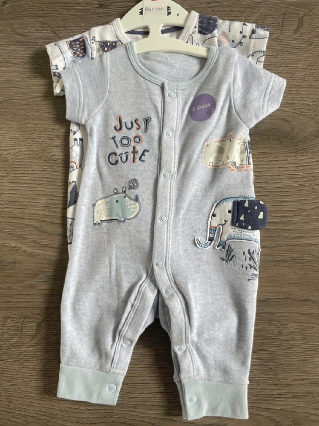 2 pack shortie elephant romper (3-6 mths)