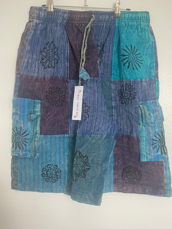 Blue Patchwork Cargo Shorts, L/XL