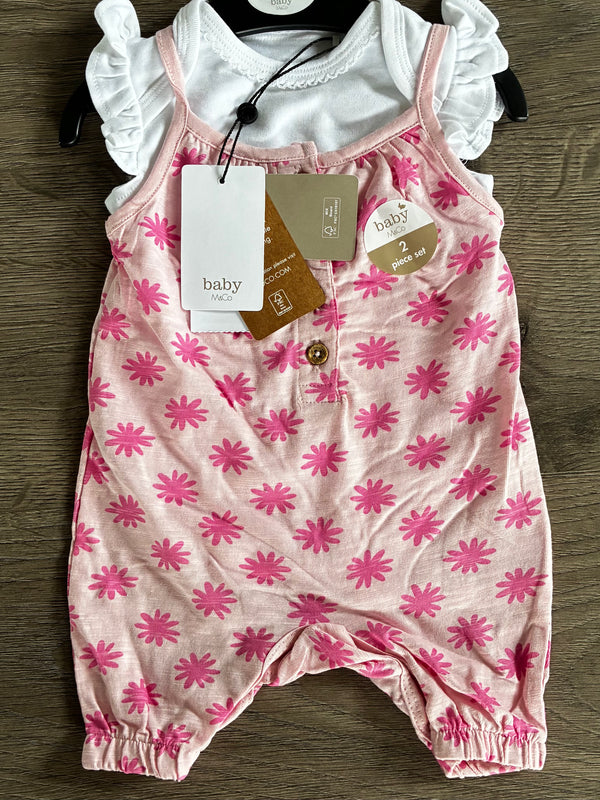Pink flower dungarees and vest set (0-3mths)
