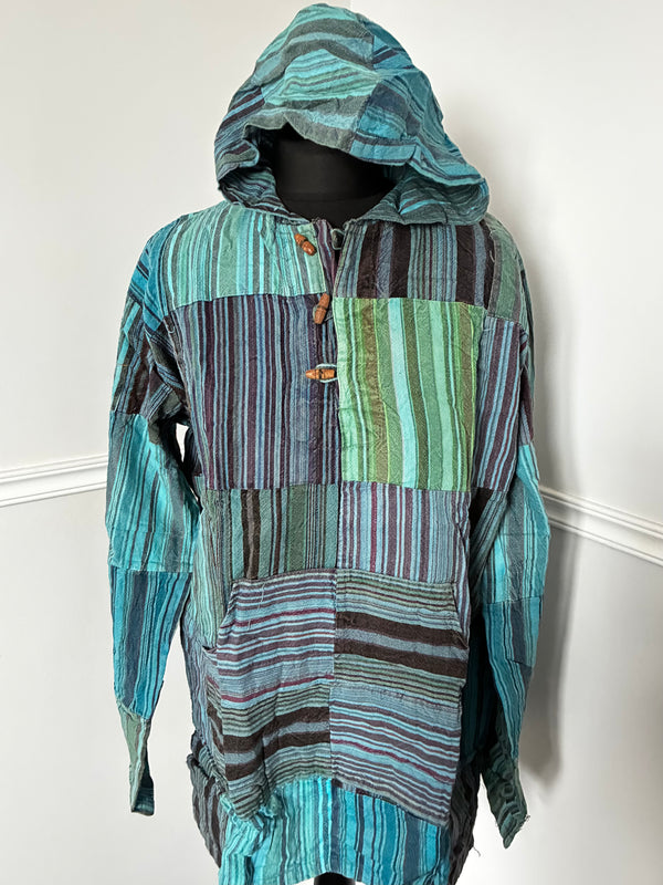 Patchwork Seersucker Hooded Shirt, M