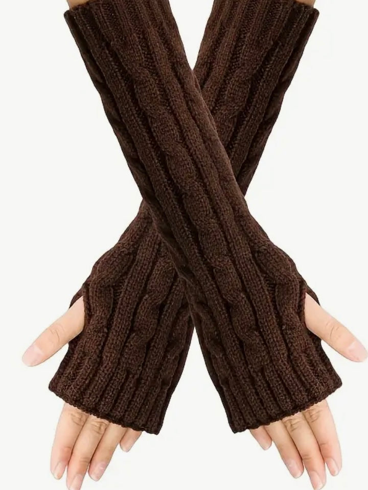 Coffee Long Sleeve Knit Fingerless Gloves