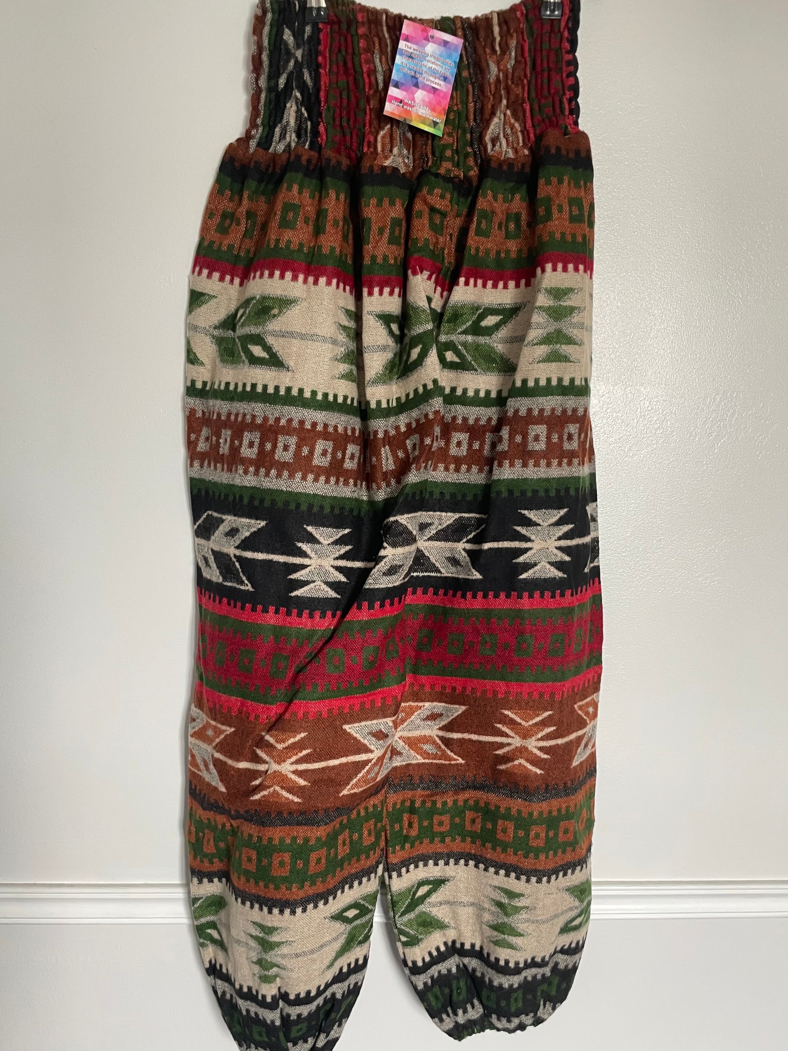 Snuggly Red/Green/Brown Aztec Cashmelon Trousers, 22-44” Waist