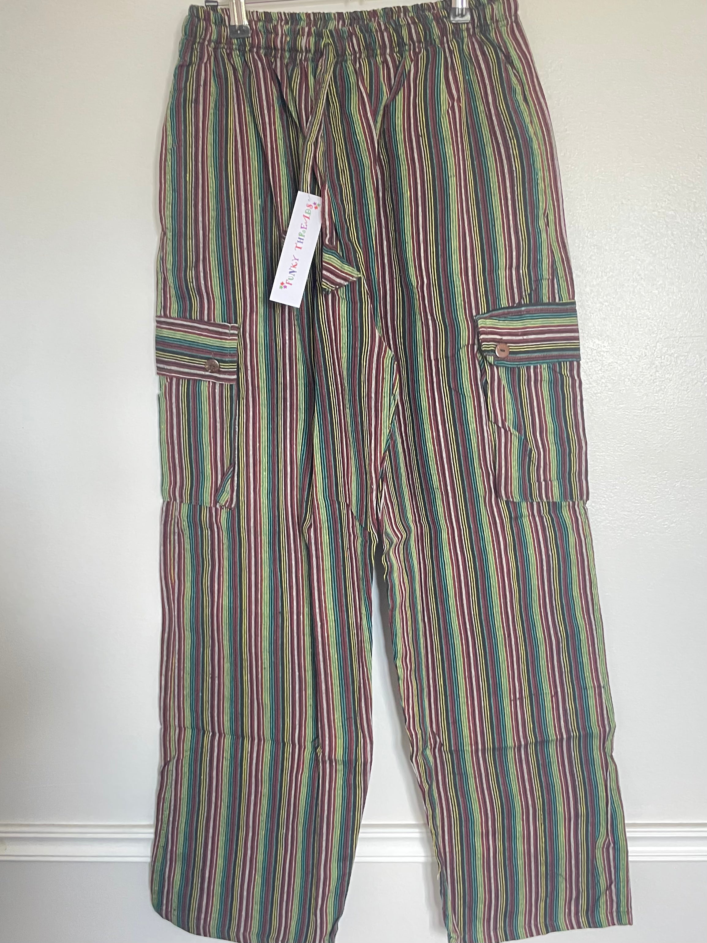 Burgundy/Green/Yellow Striped Cotton Cargo Trousers, S/M