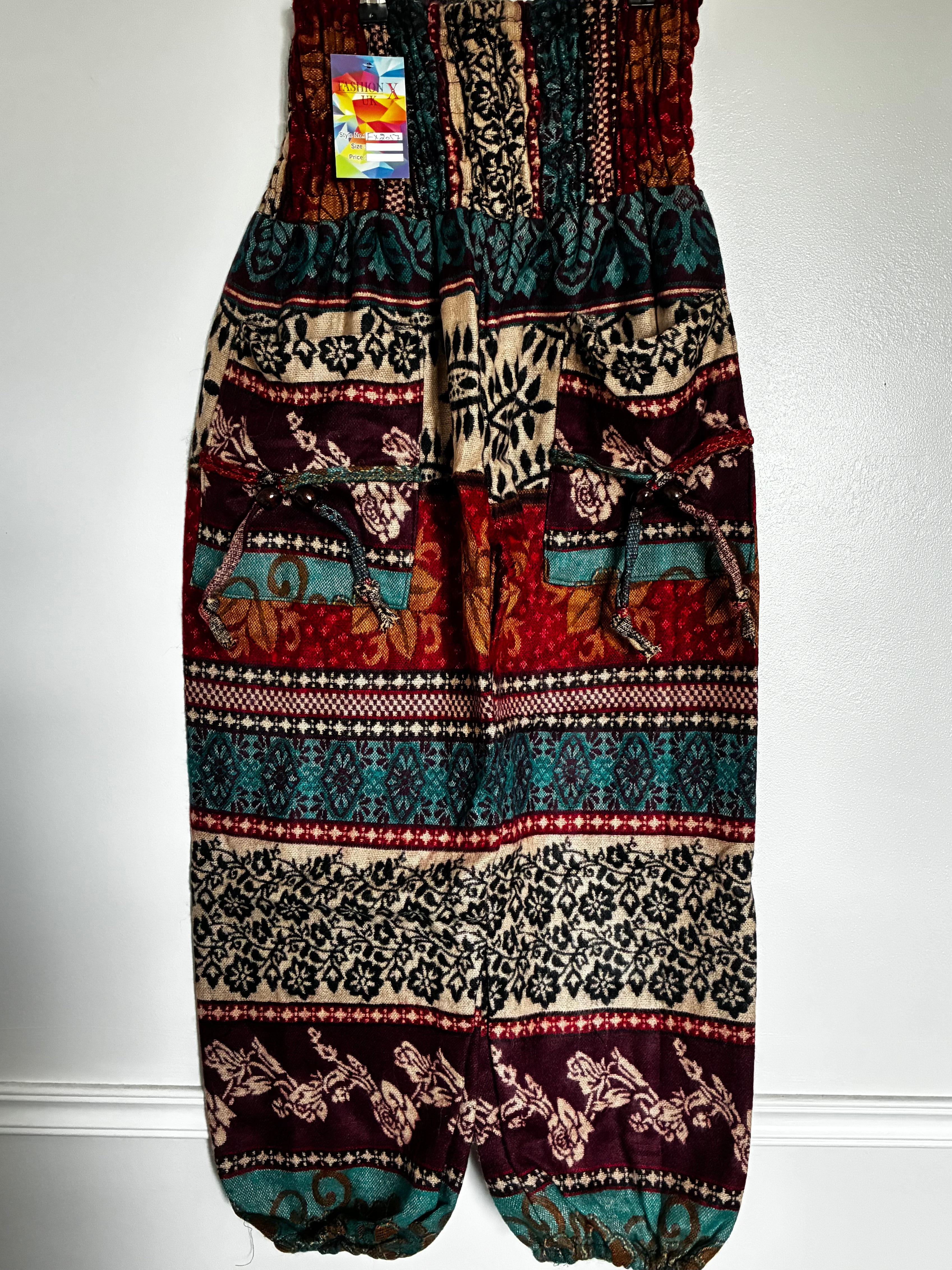 Fluffy Turquoise/Burgundy Flower Cashmelon Trousers, 26"-46" Waist