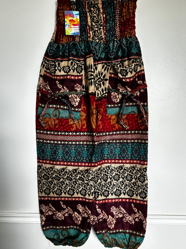 Fluffy Turquoise/Burgundy Flower Cashmelon Trousers, 26"-46" Waist