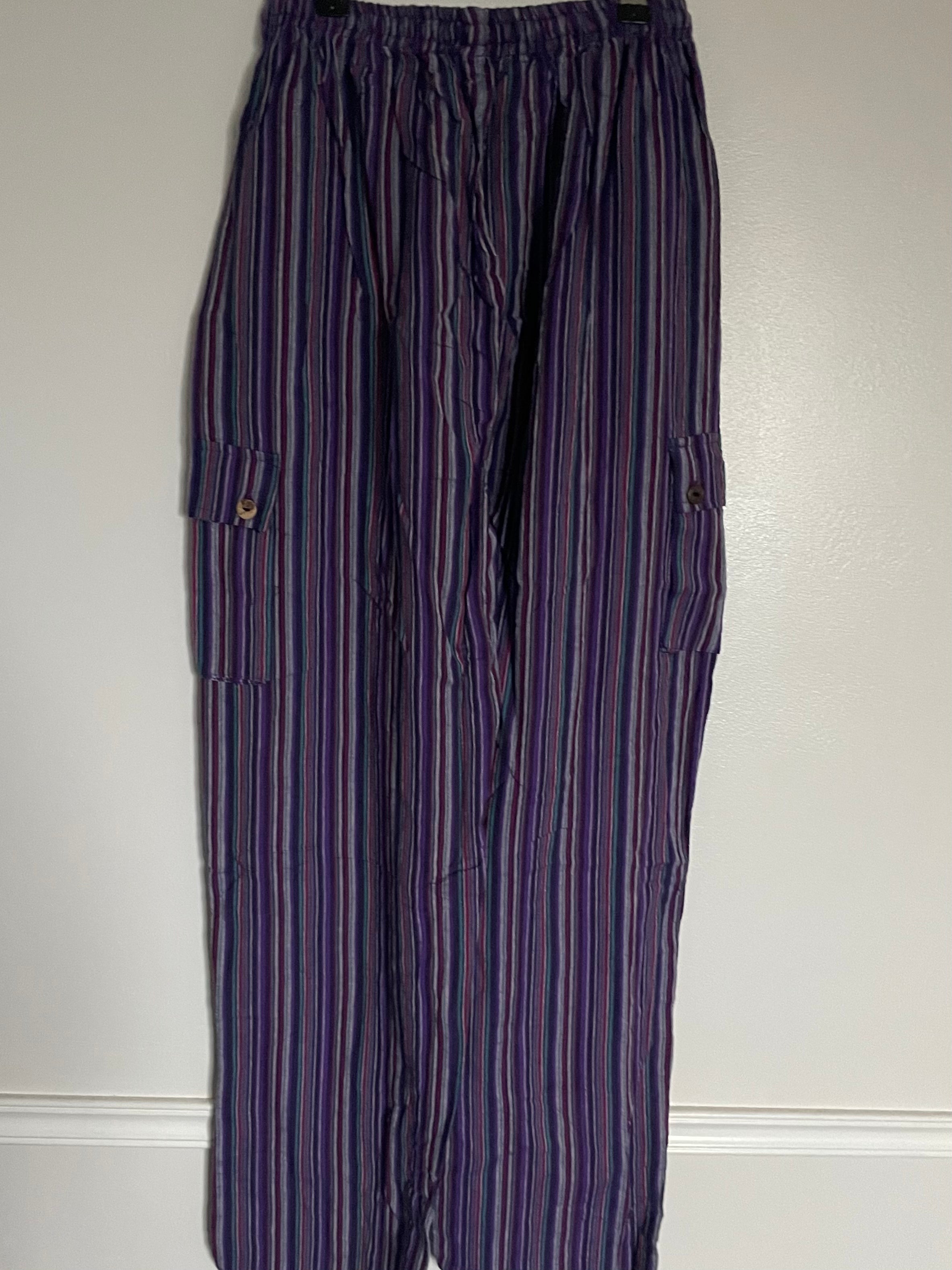 Purple/Blue Striped Cotton Cargo Trousers, XXL