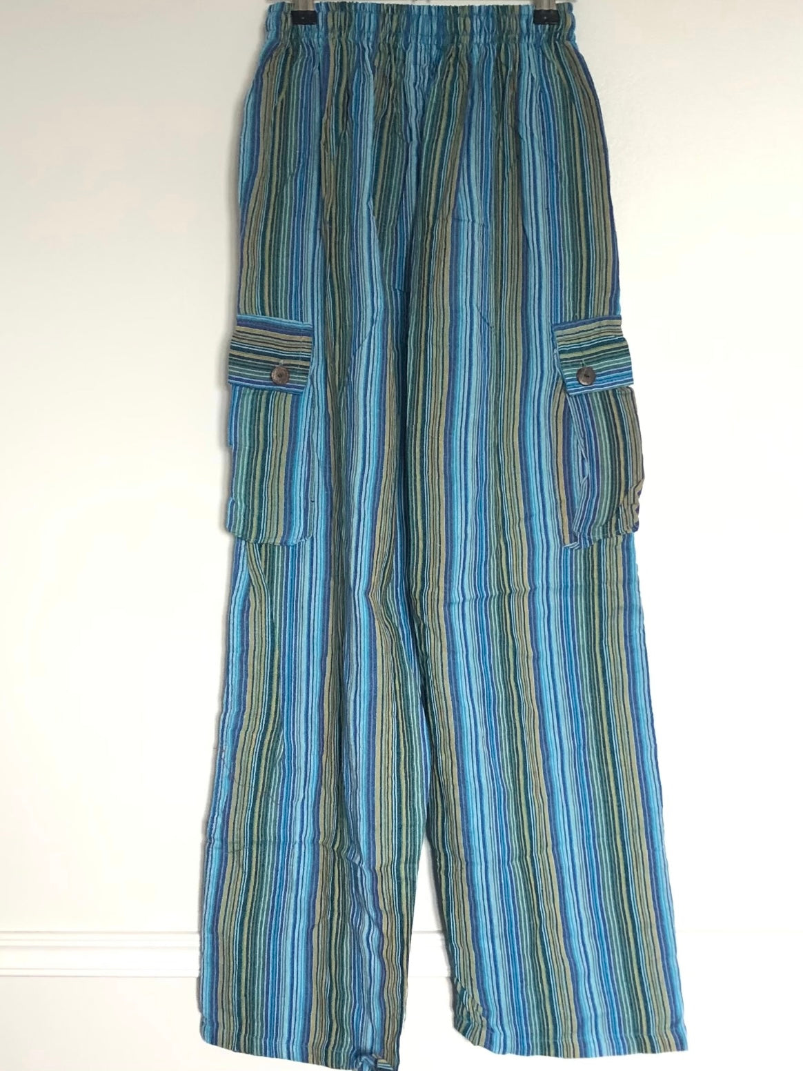 Green/Blue Striped Cotton Cargo Trousers, M