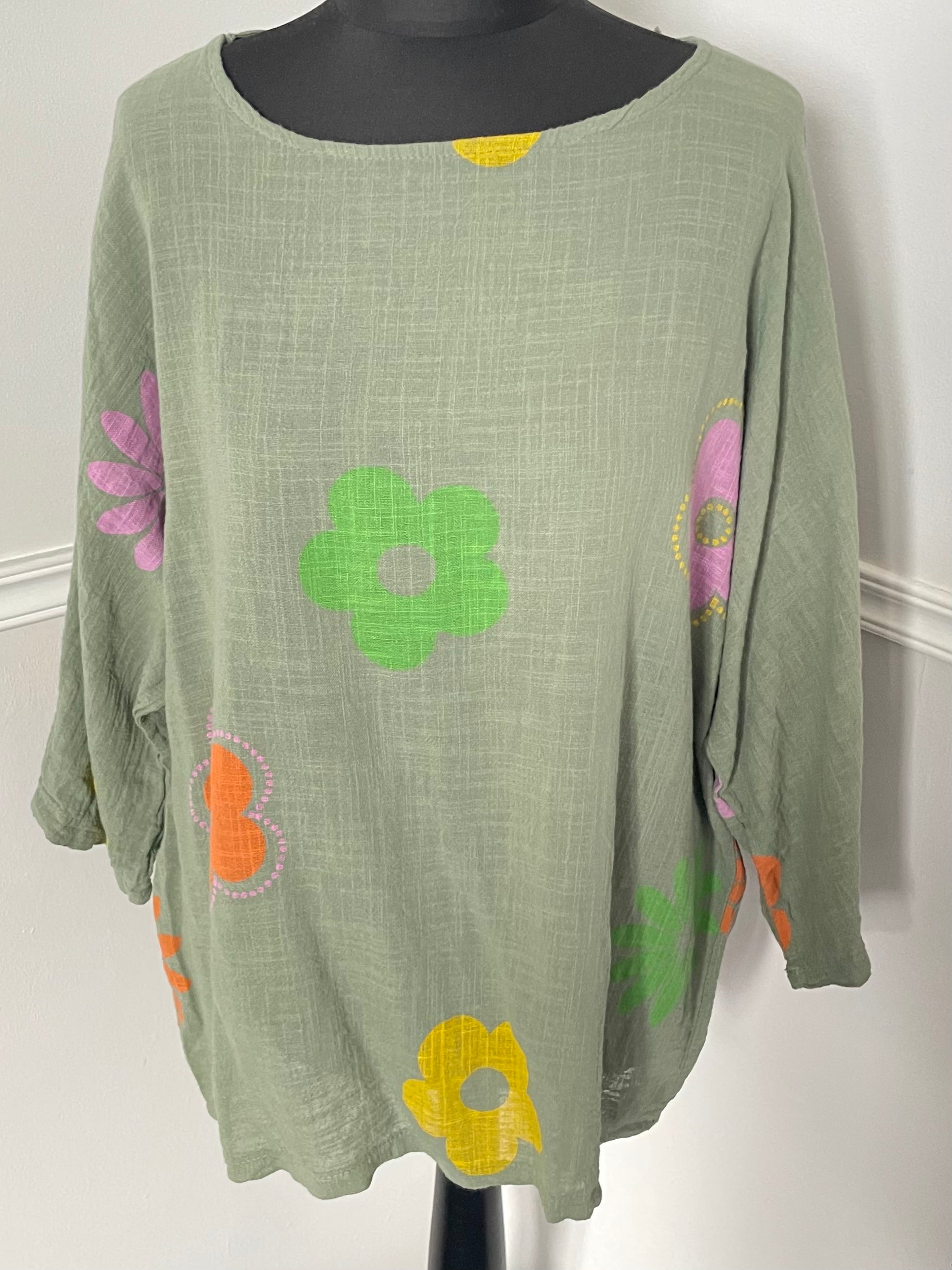 Olive Green Hippy Floaty Flower Top