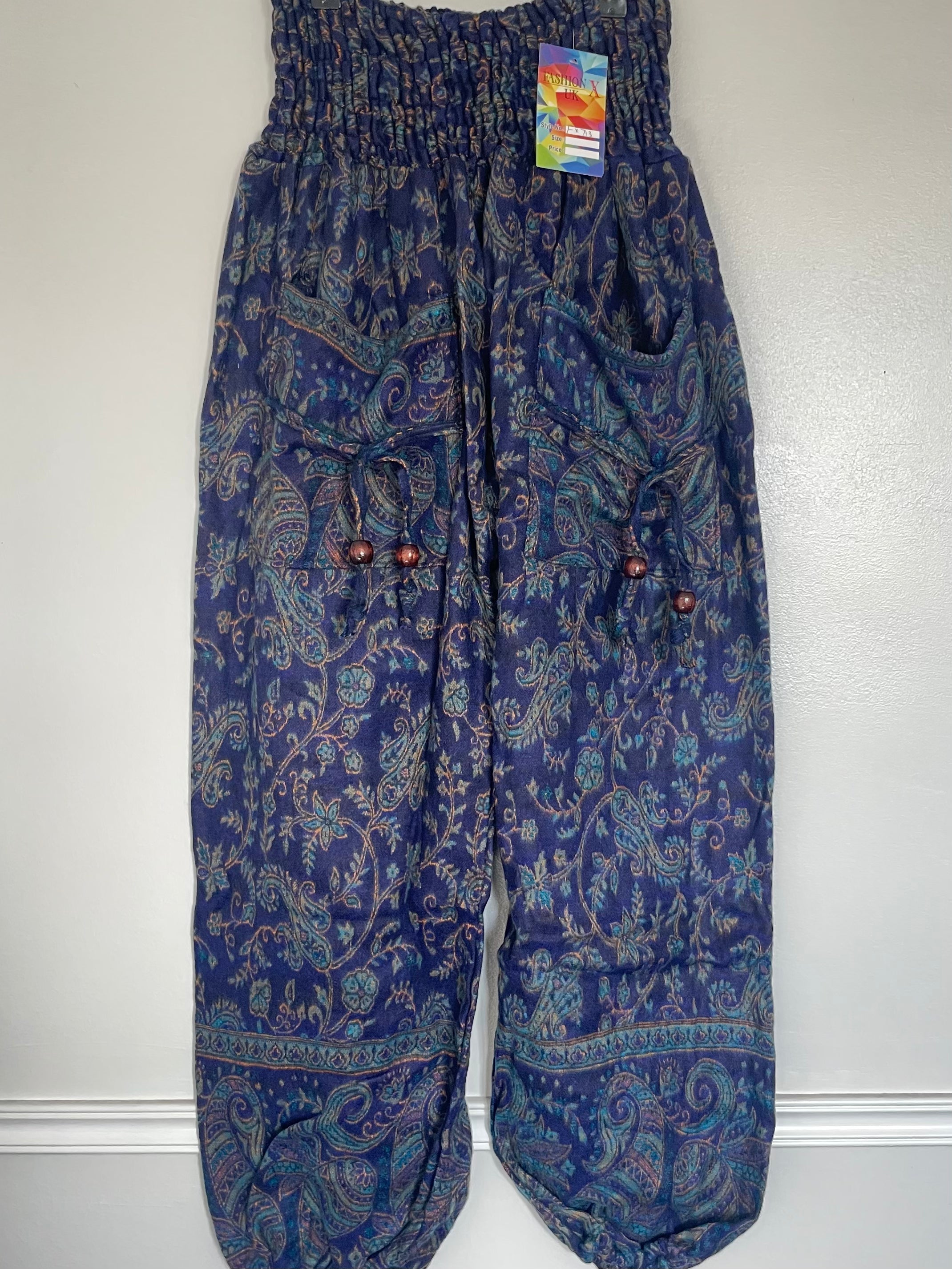 Snuggly Turquoise/Navy Paisley Cashmelon Trousers, 24-50” Waist