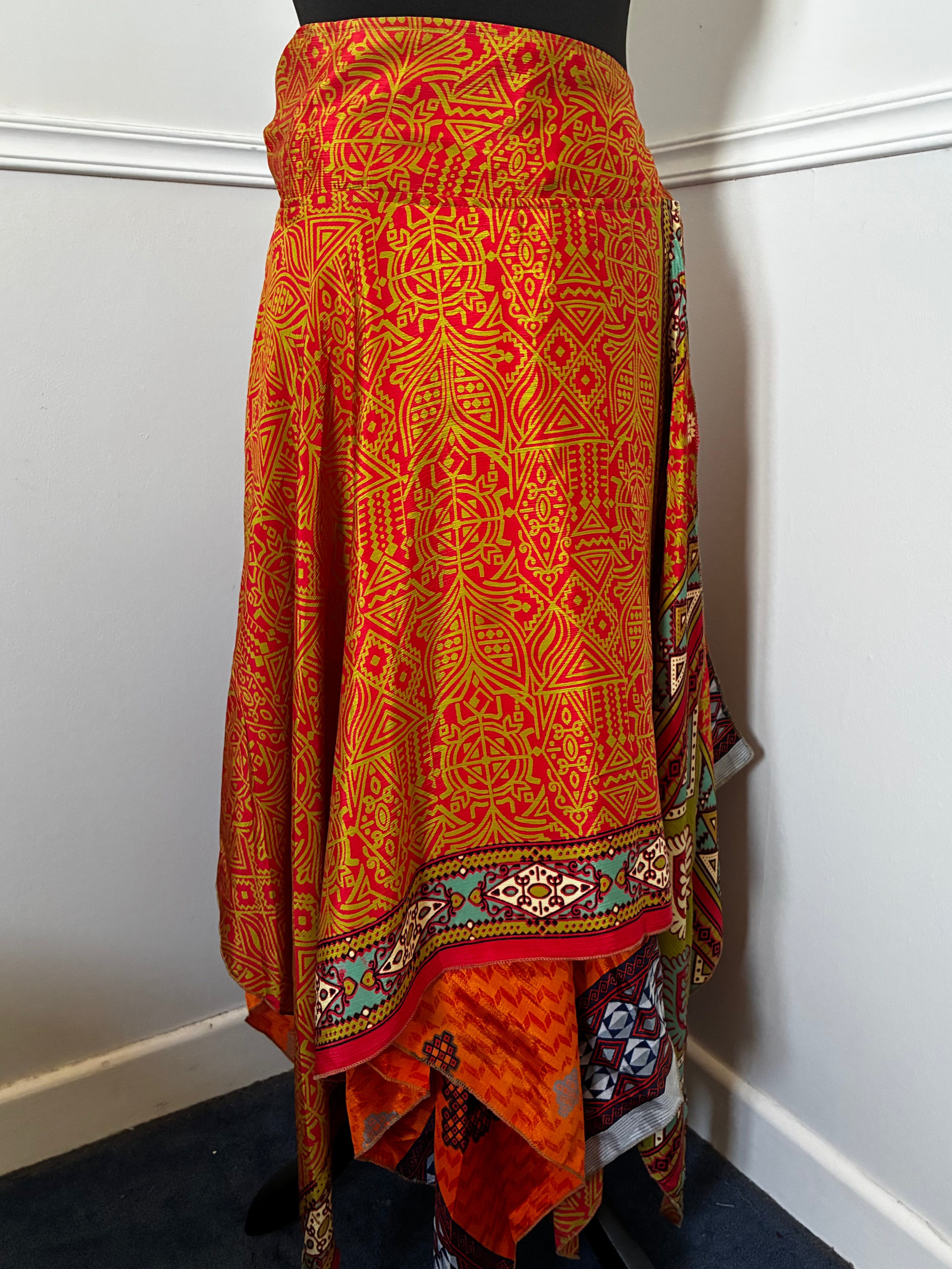 Recycled Saree Reversible Wrap Skirt with Pixie Hem