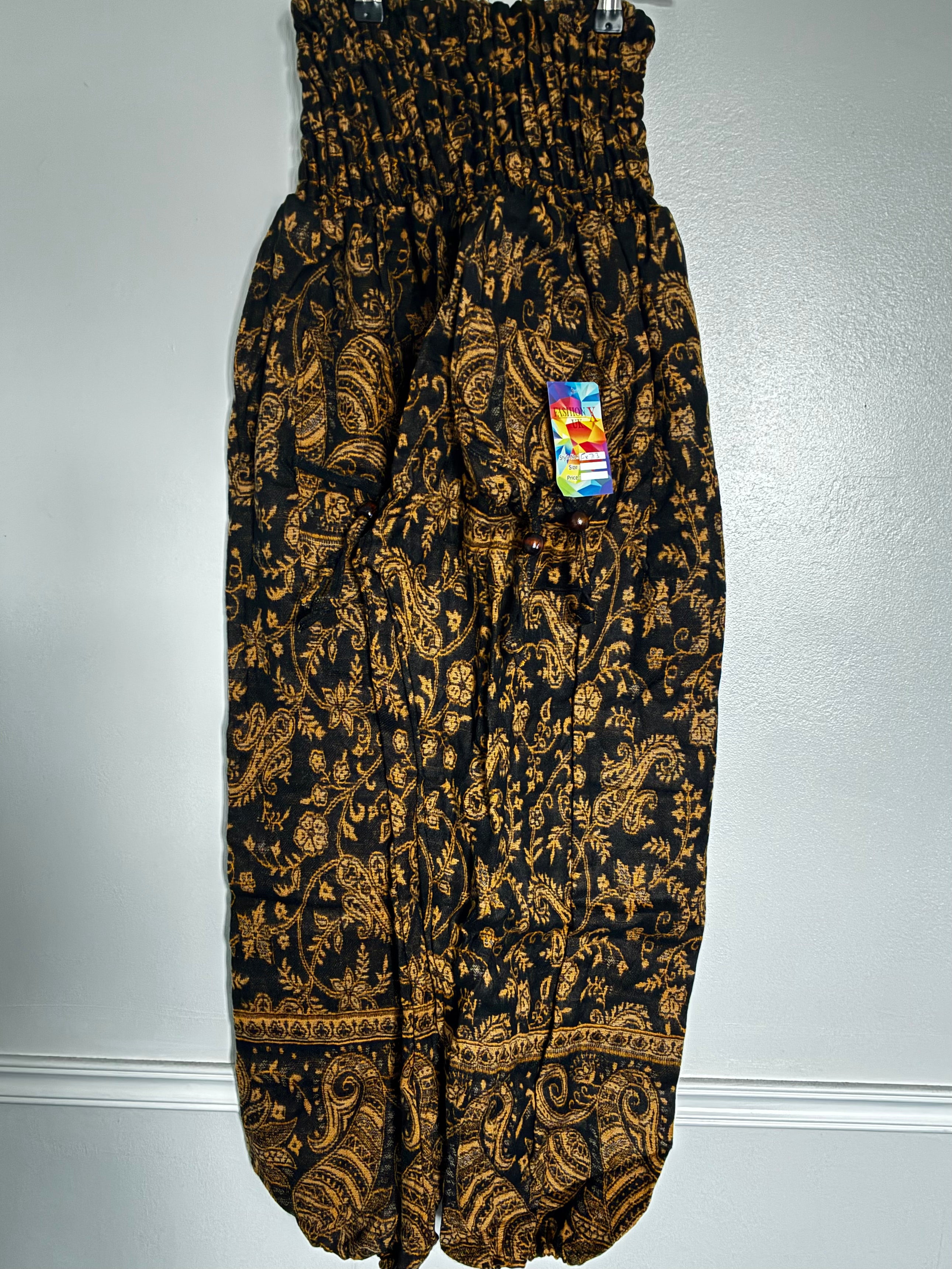 Fluffy Black/Gold Paisley Cashmelon Trousers, 22-45" Waist