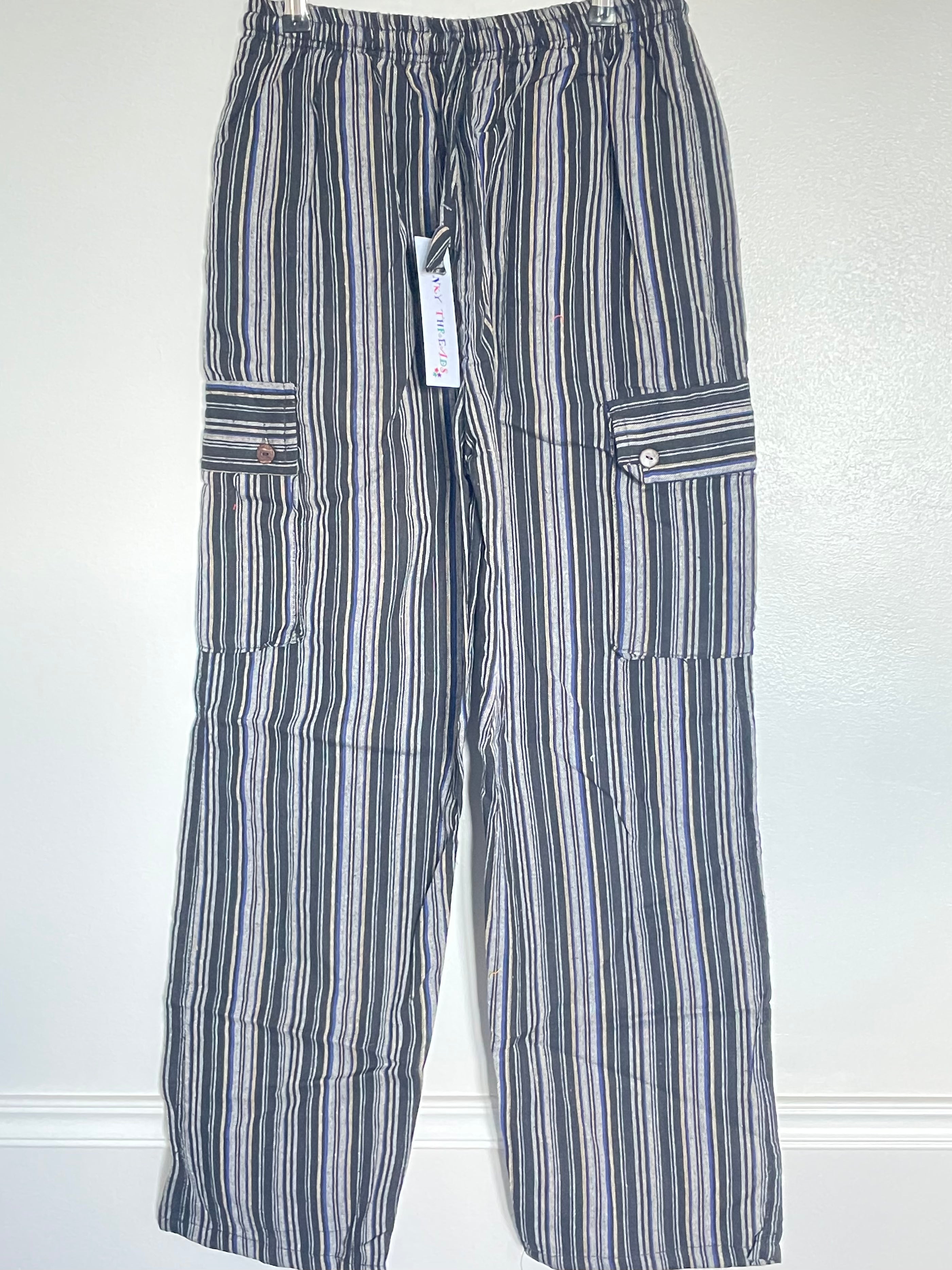 Black/Grey/Navy Striped Cotton Cargo Trousers, L