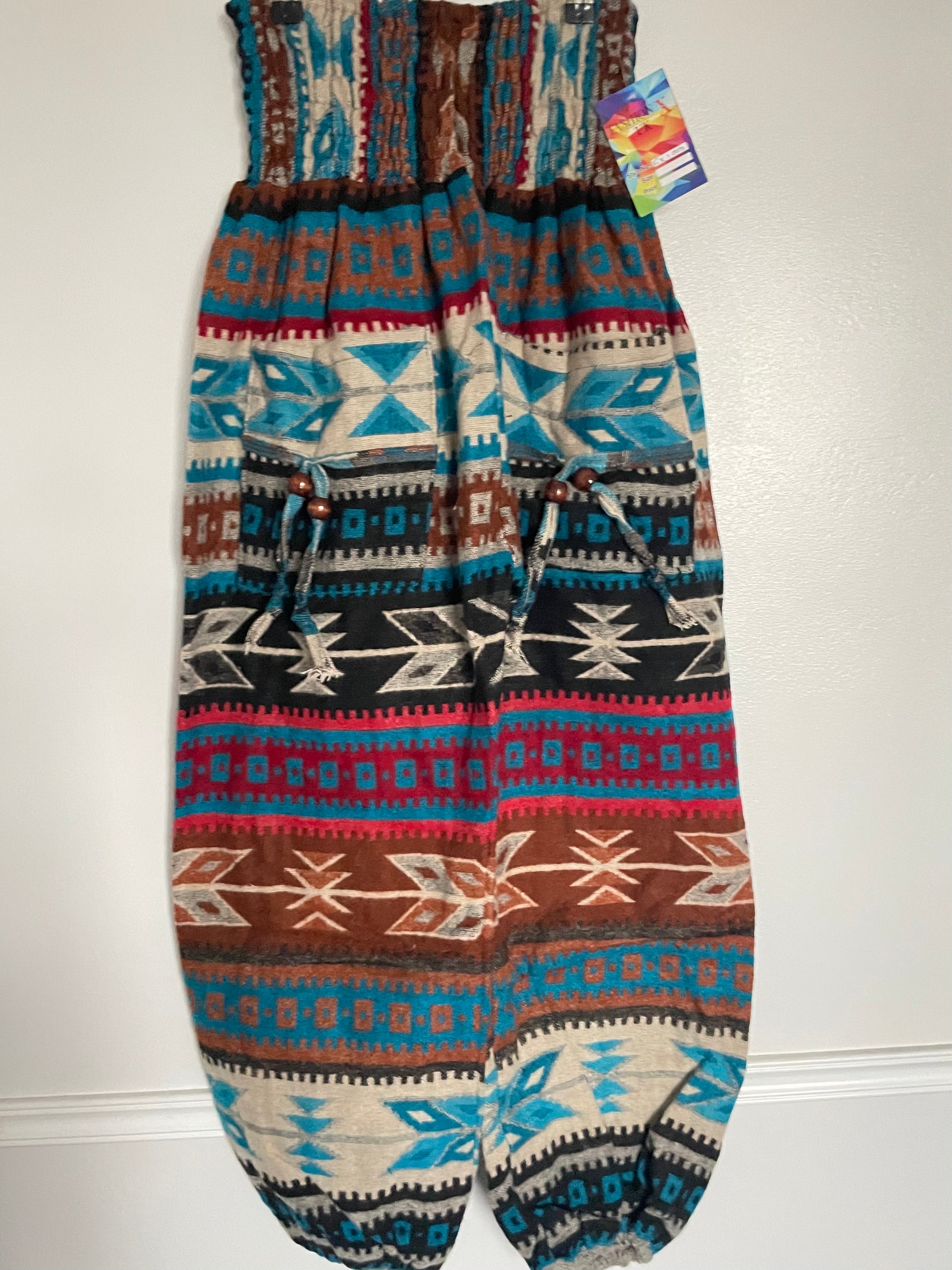 Snuggly Turquoise/Red/Brown Aztec Cashmelon Trousers, 22-42” Waist