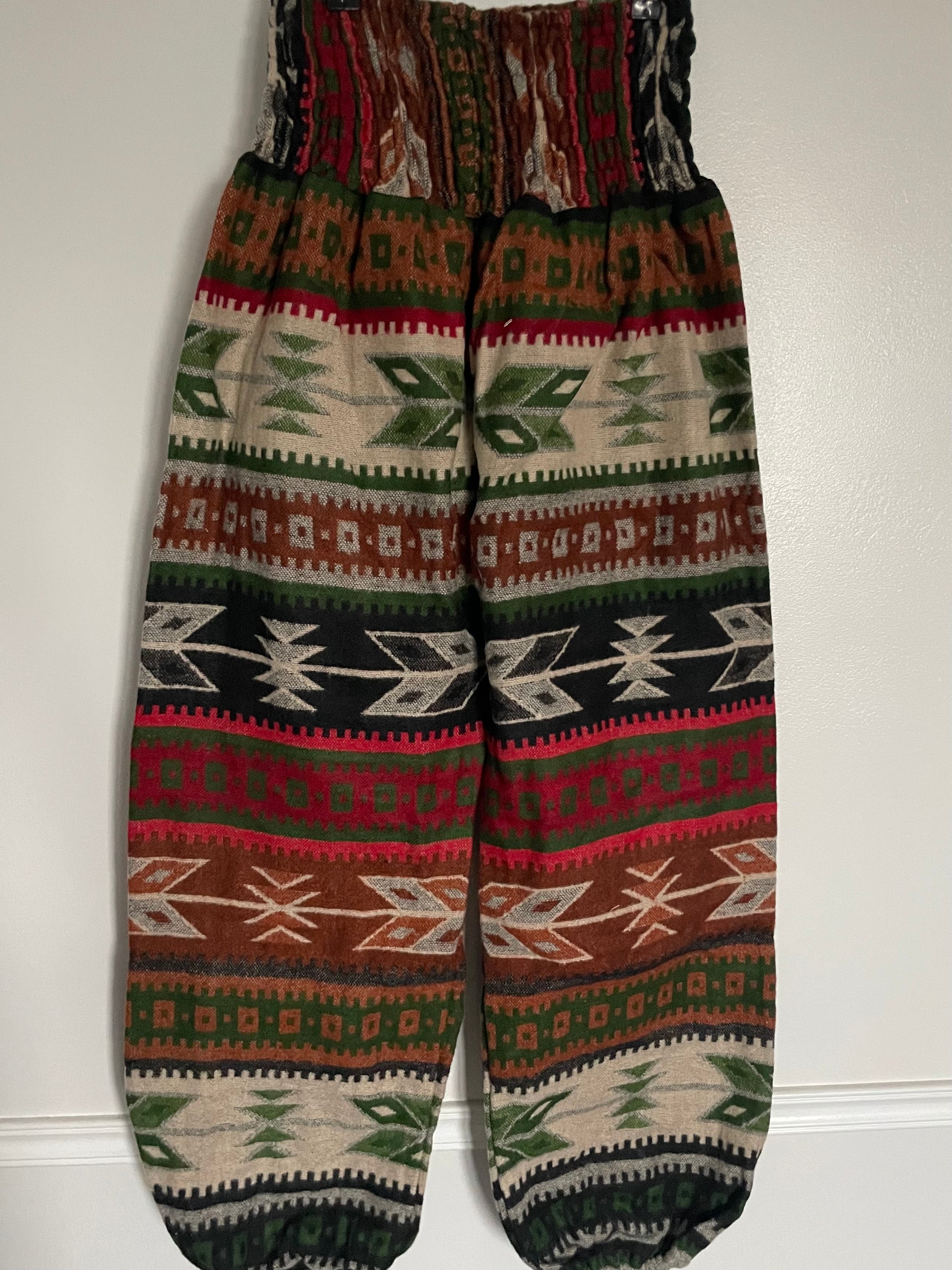 Snuggly Green/Red/Brown Aztec Cashmelon Trousers, 22-46” Waist