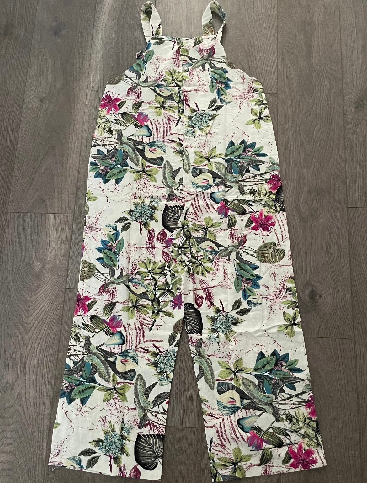 Cream dungarees with pink flowers, S