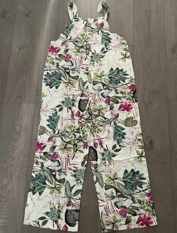 Cream dungarees with pink flowers, S